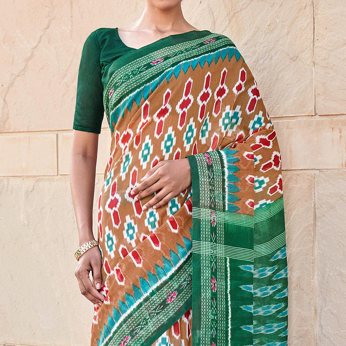 Brown Printed Poly Cotton Saree - Peachmode