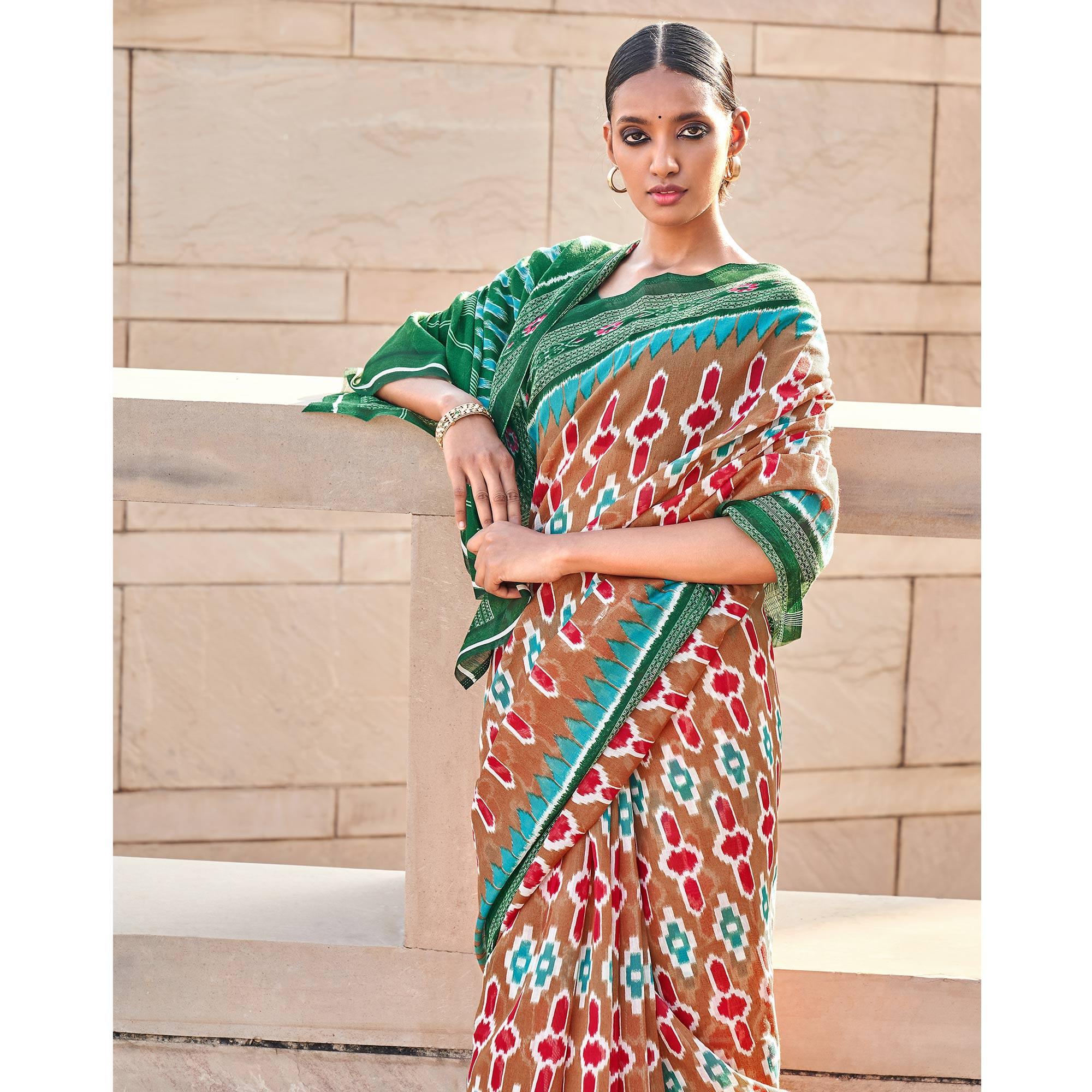 Brown Printed Poly Cotton Saree - Peachmode