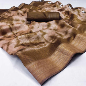 Brown Printed Poly Cotton Saree With Tassels - Peachmode