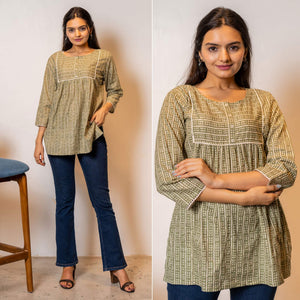 Brown Printed Poly Cotton Top - Peachmode
