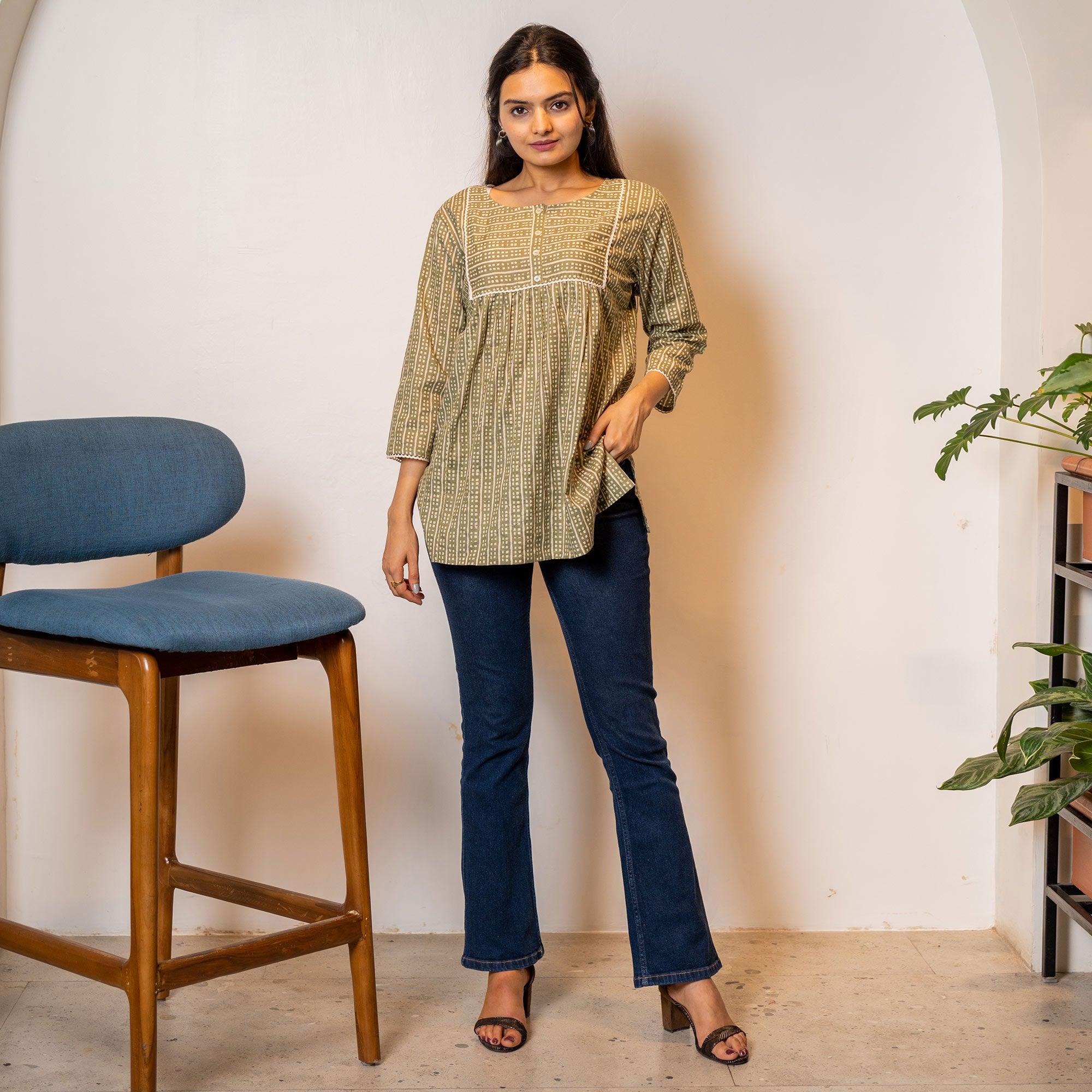 Brown Printed Poly Cotton Top - Peachmode