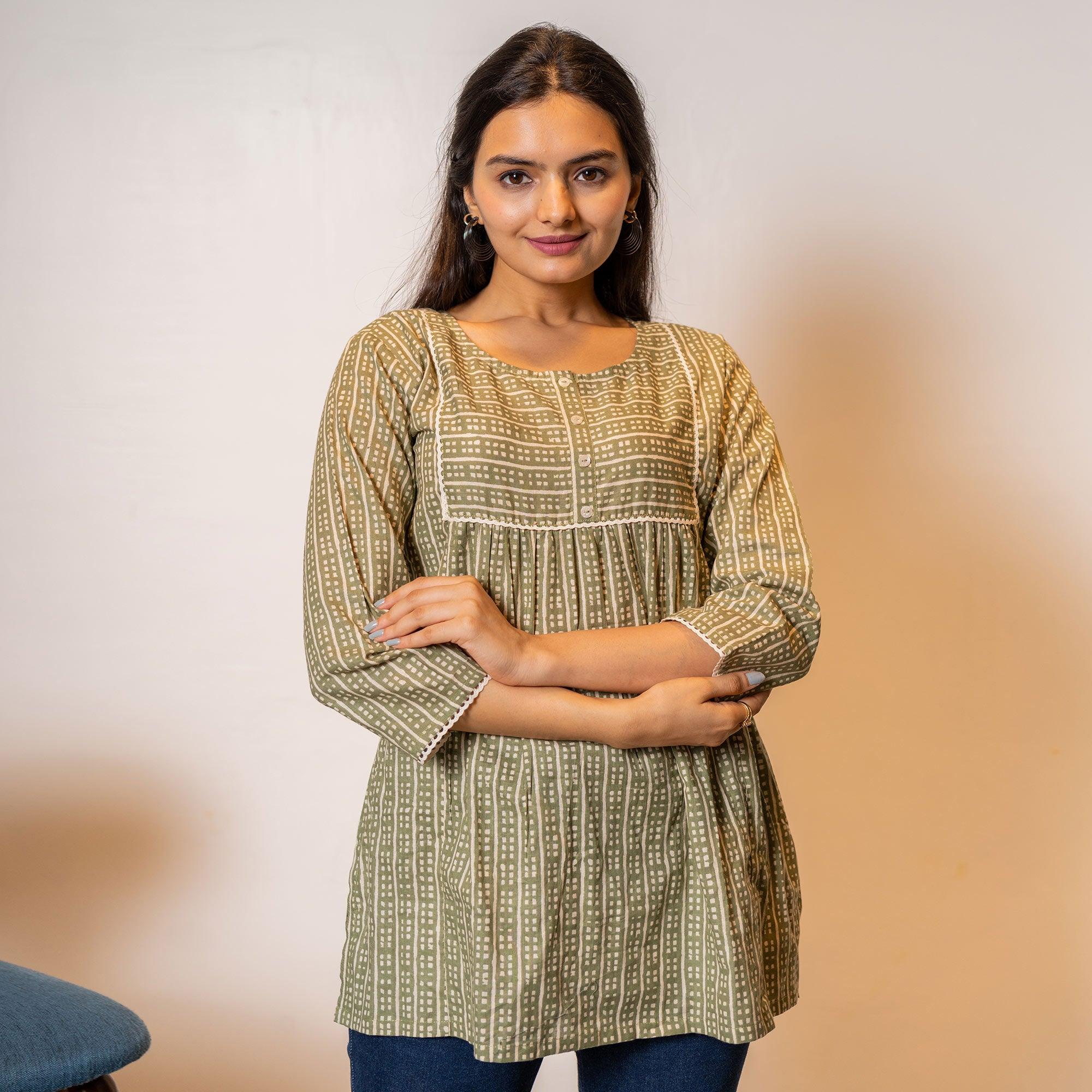 Brown Printed Poly Cotton Top - Peachmode