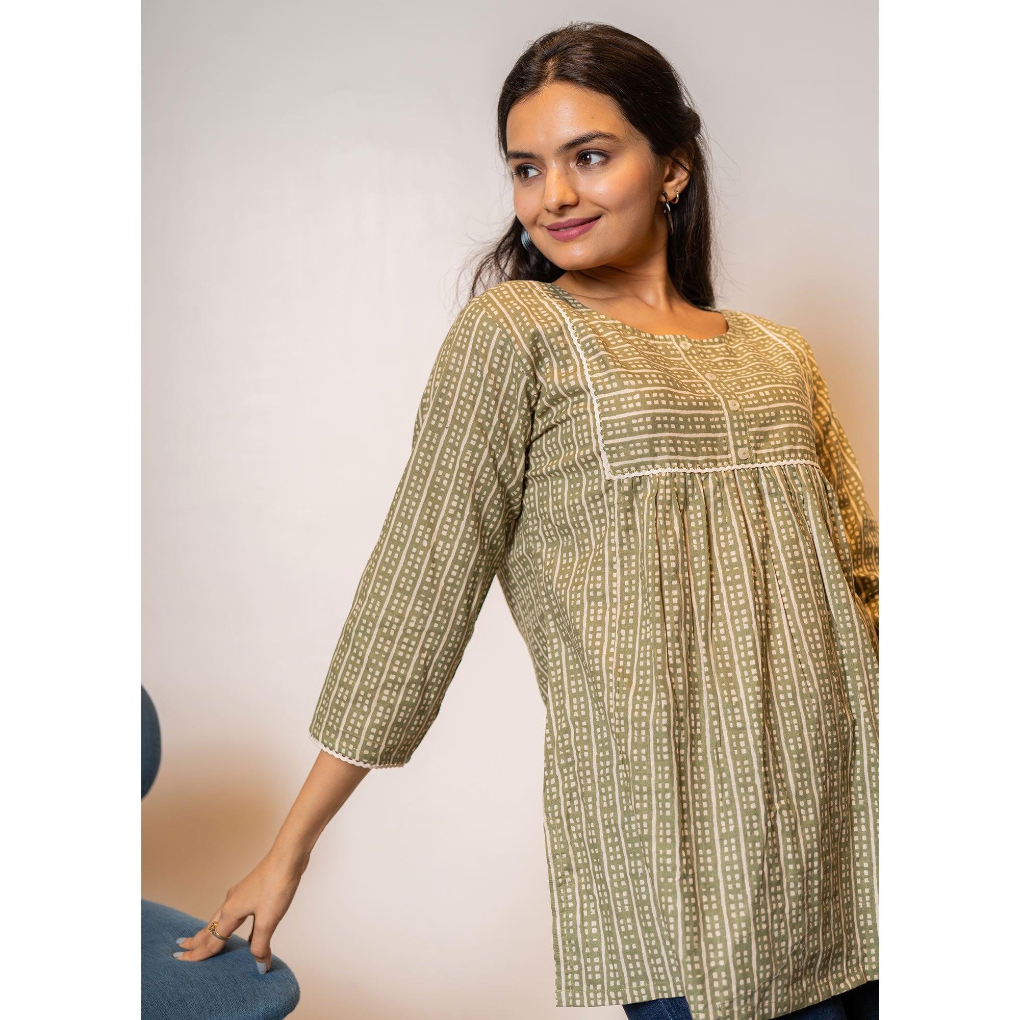 Brown Printed Poly Cotton Top - Peachmode