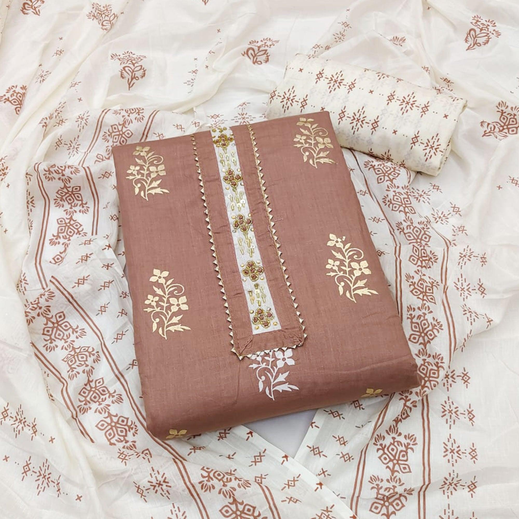Brown Printed Pure Cotton Dress Material - Peachmode