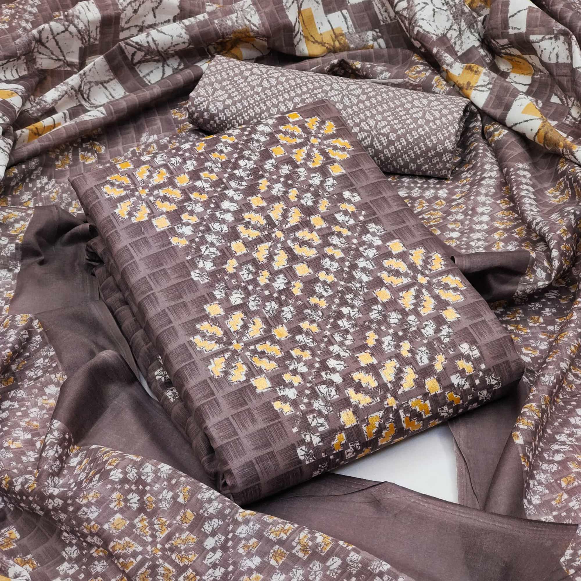 Brown Printed Pure Cotton Dress Material - Peachmode