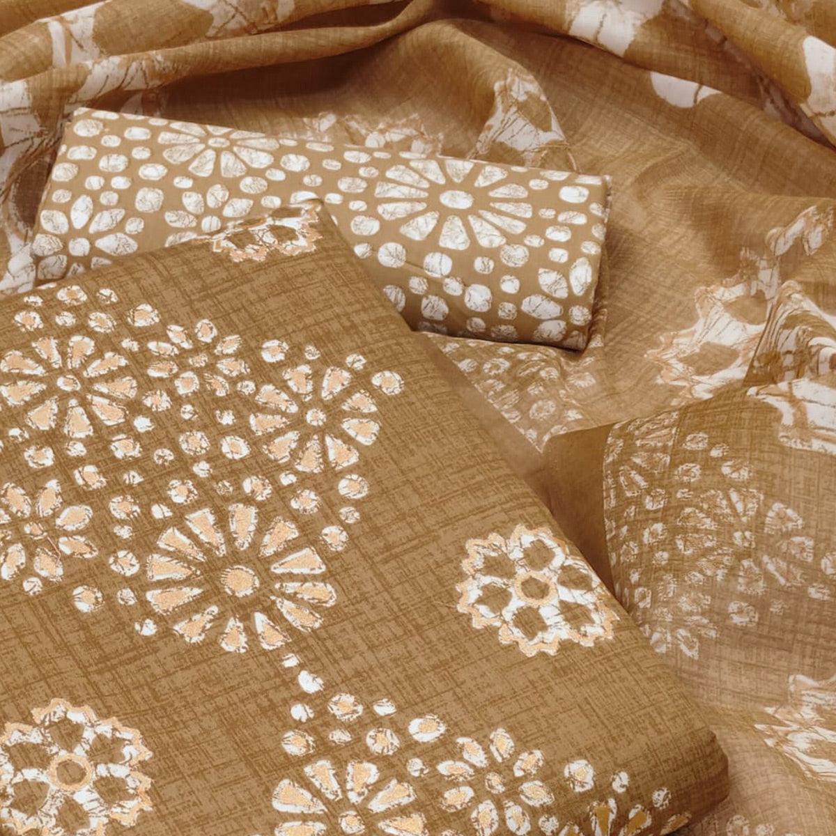 Brown Printed Pure Cotton Dress Material - Peachmode