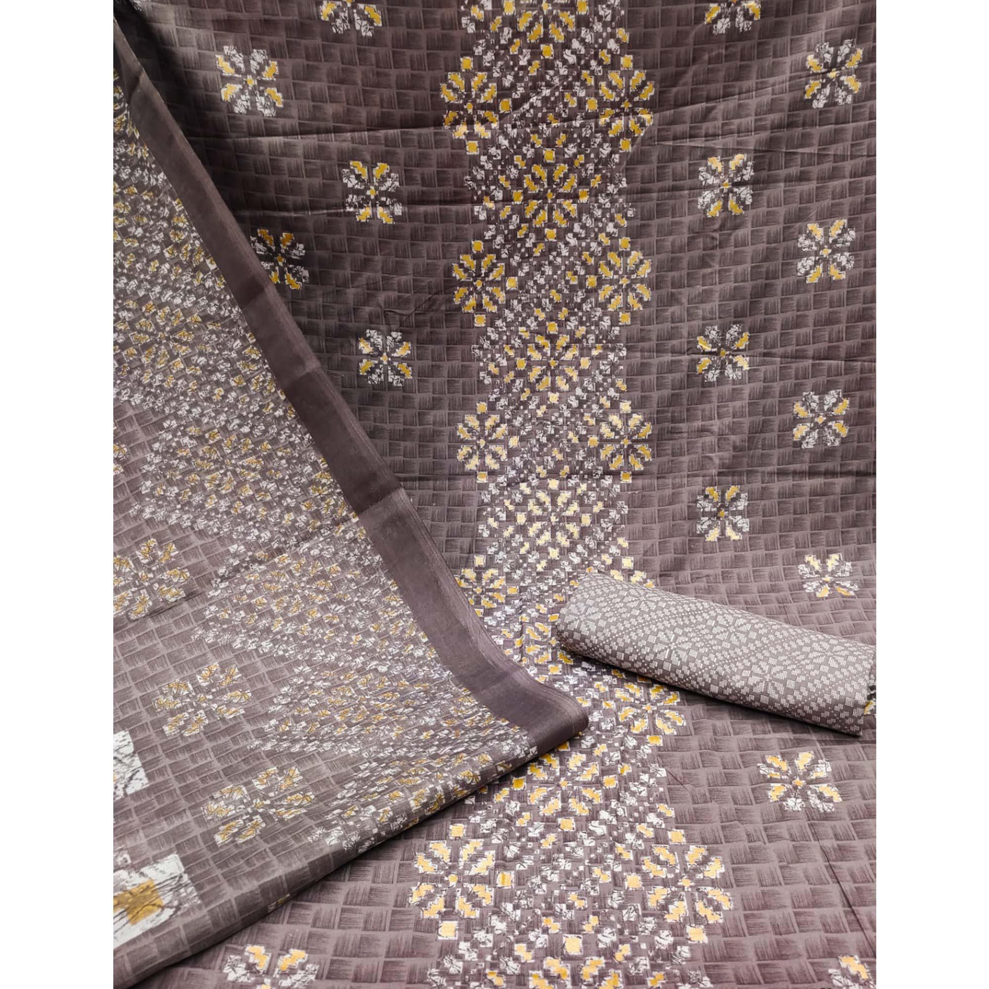 Brown Printed Pure Cotton Dress Material - Peachmode