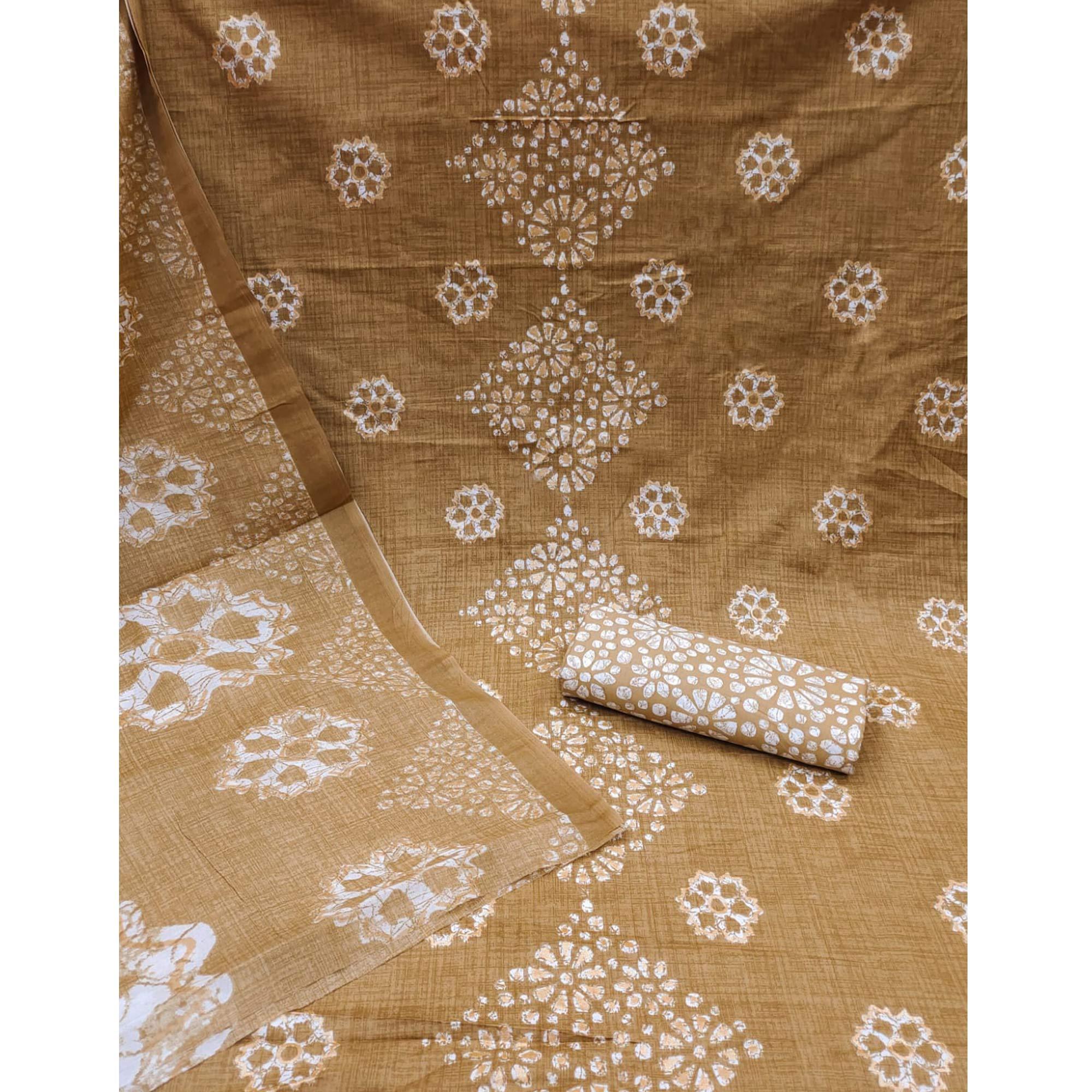 Brown Printed Pure Cotton Dress Material - Peachmode