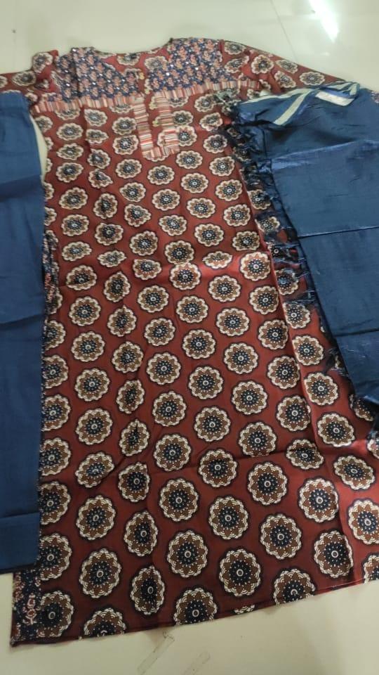 Brown Printed Pure Cotton Kurti Pant Set With Dupatta - Peachmode