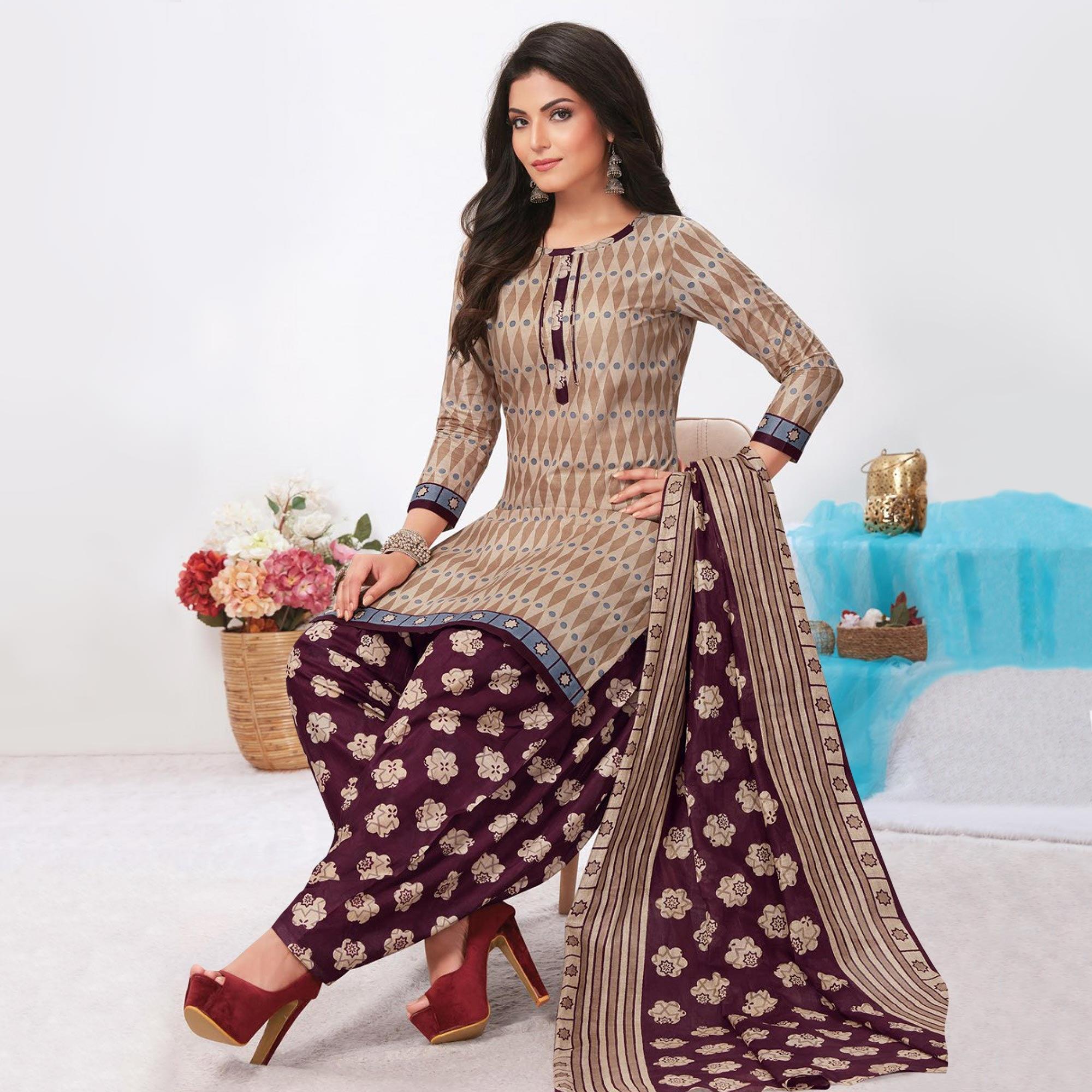 Brown Printed Pure Cotton Patiala Dress Material - Peachmode