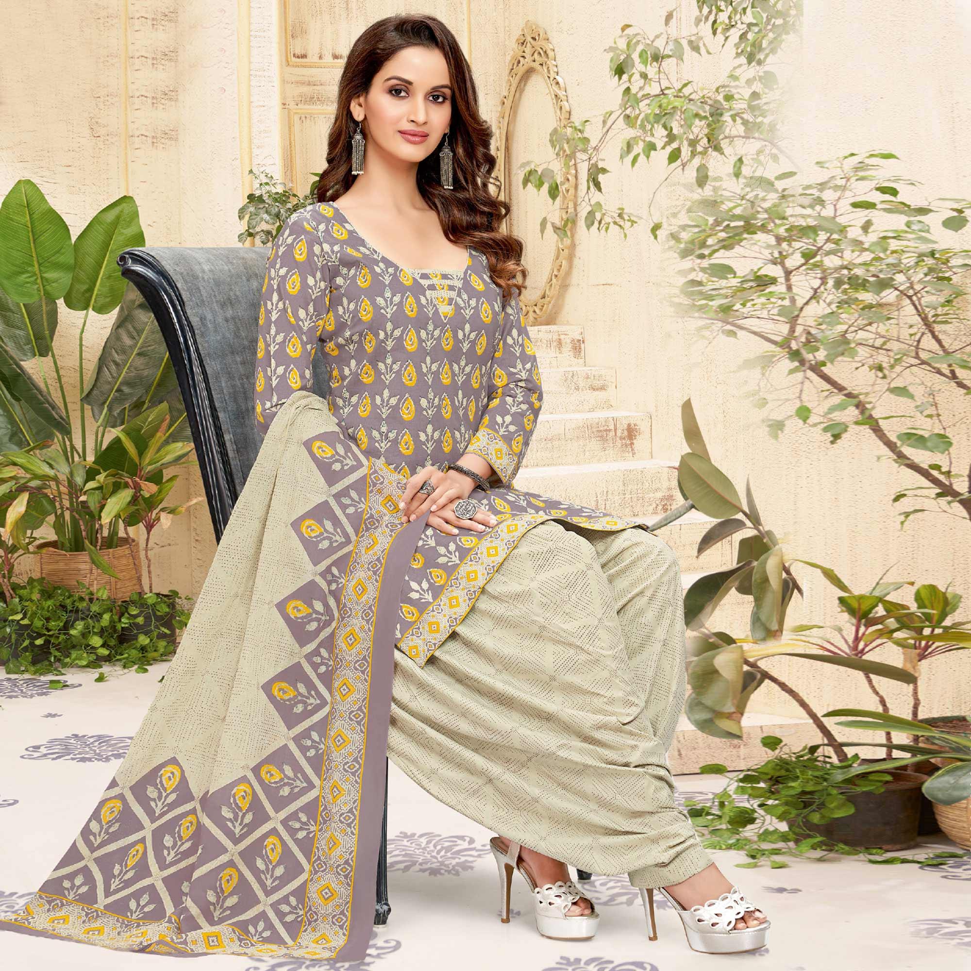 Brown Printed Pure Cotton Patiala Dress Material - Peachmode