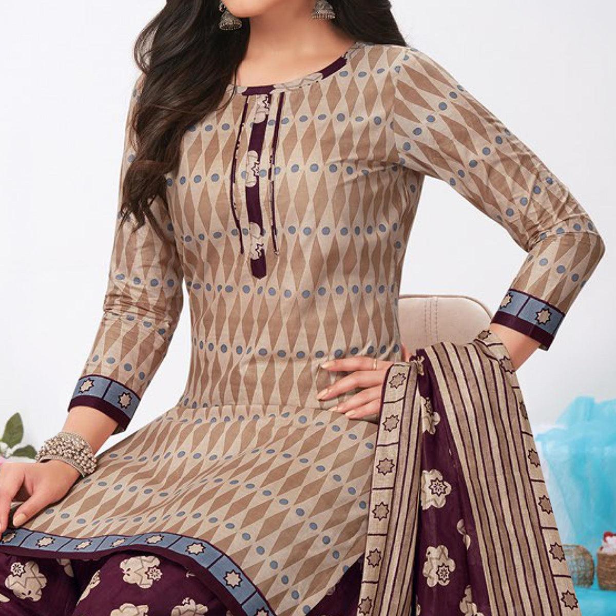 Brown Printed Pure Cotton Patiala Dress Material - Peachmode