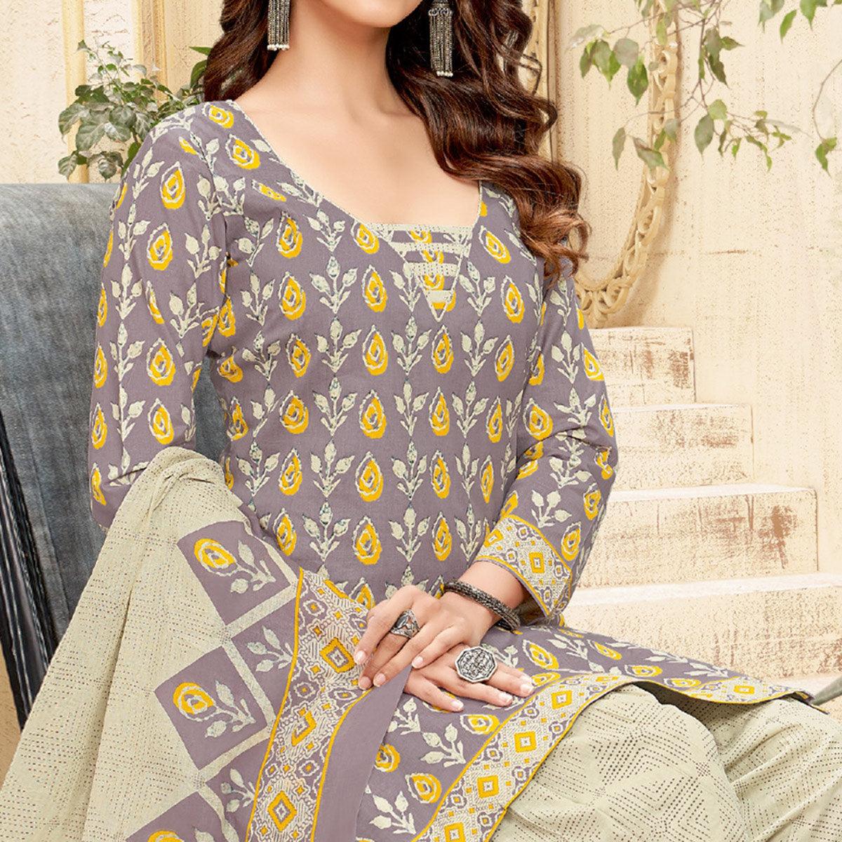 Brown Printed Pure Cotton Patiala Dress Material - Peachmode