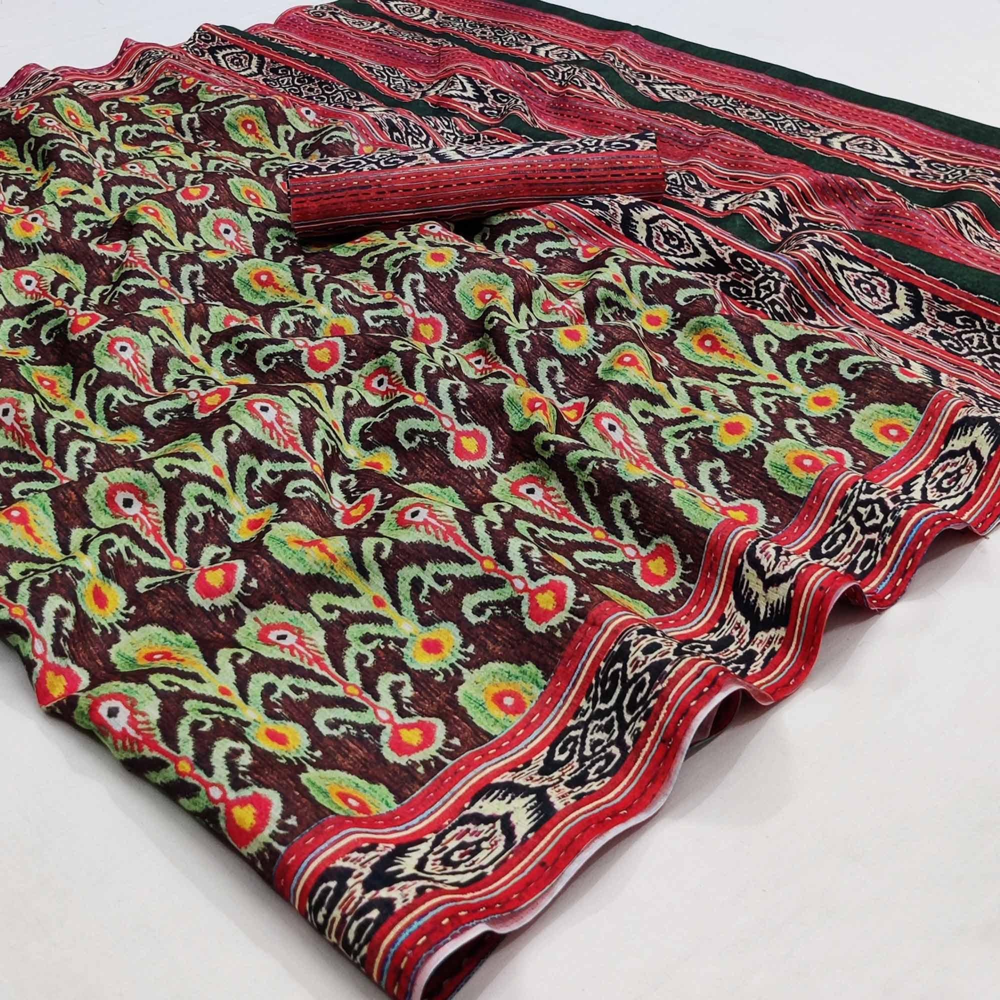 Brown Printed Pure Cotton Saree - Peachmode