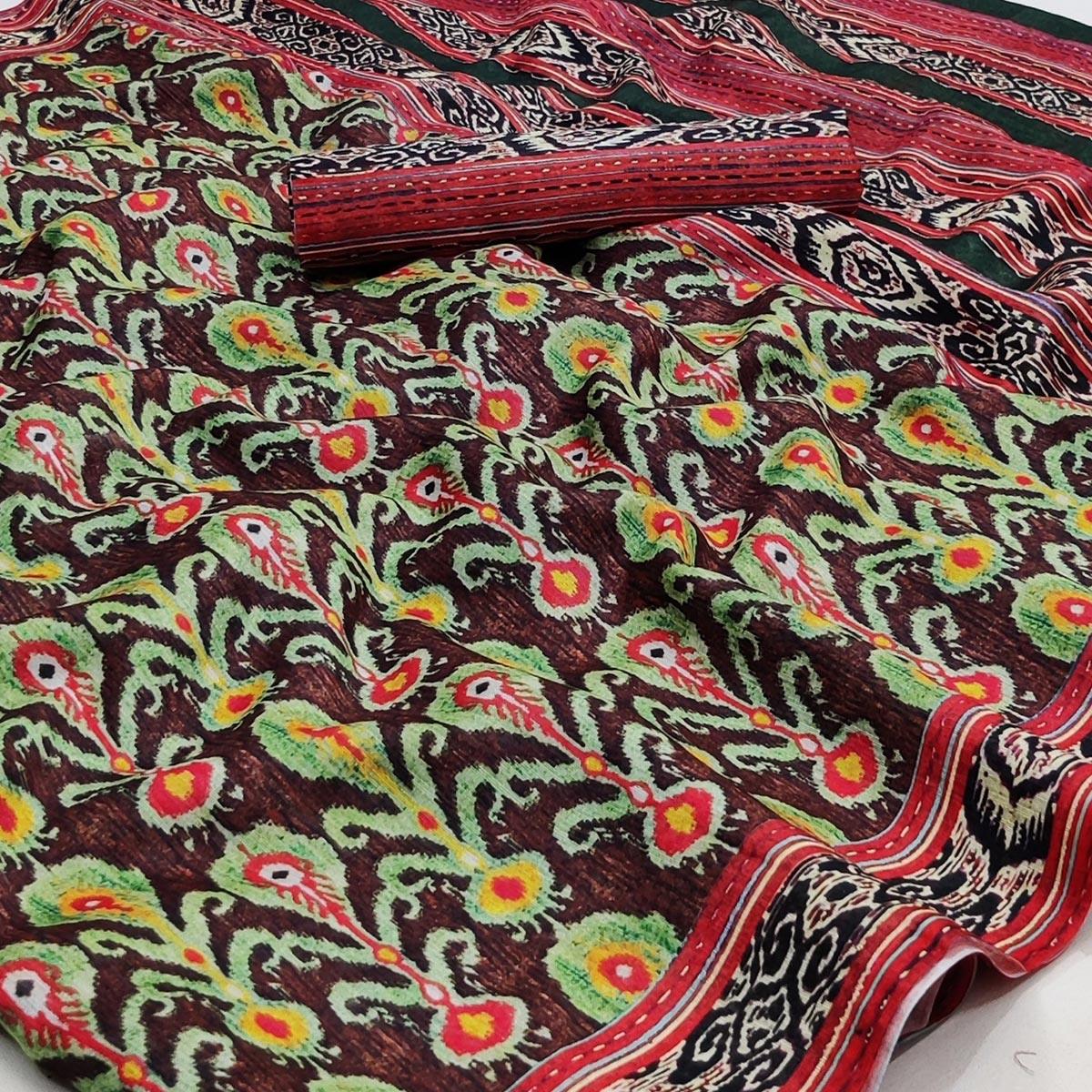 Brown Printed Pure Cotton Saree - Peachmode