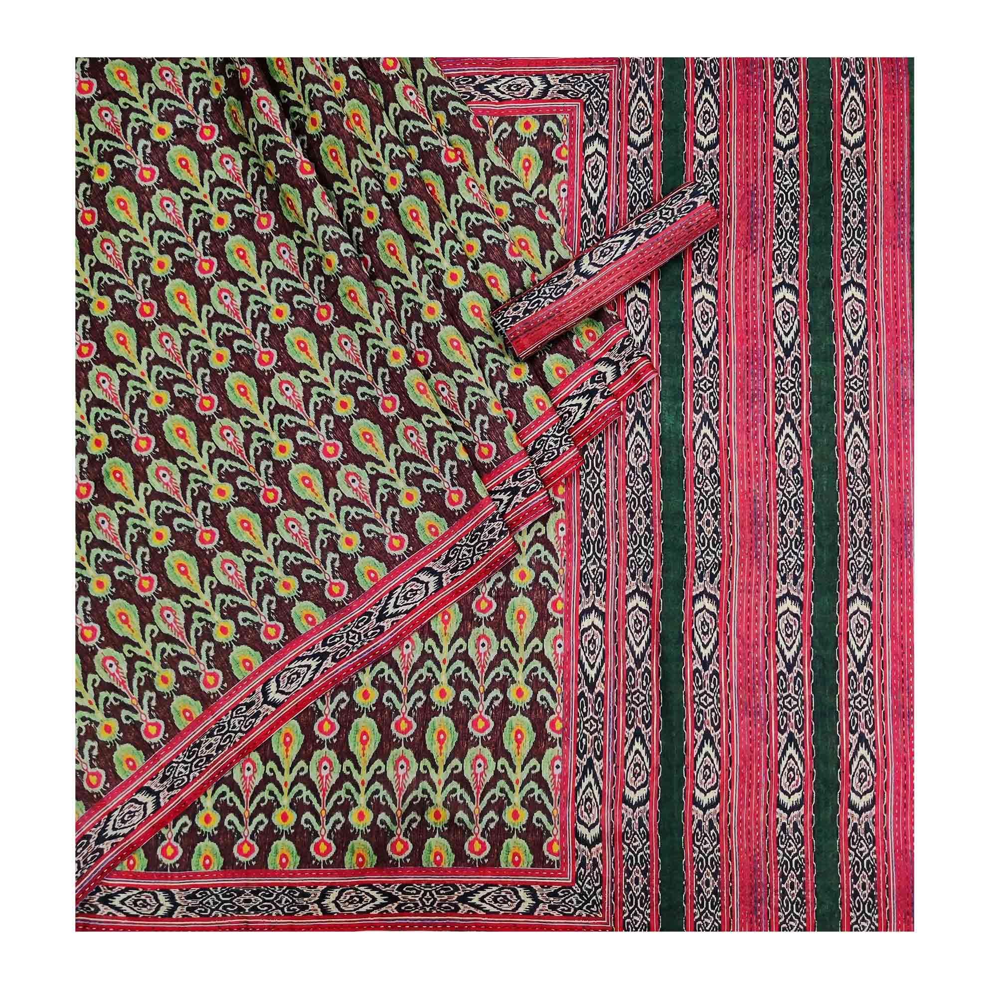 Brown Printed Pure Cotton Saree - Peachmode