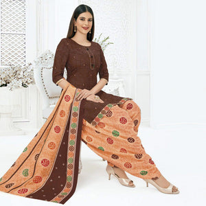 Brown Printed Pure Cotton Stitched Patiala Suit - Peachmode