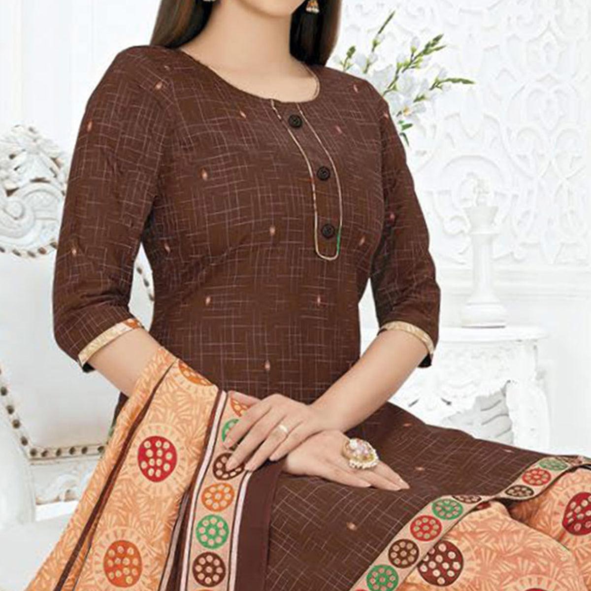 Brown Printed Pure Cotton Stitched Patiala Suit - Peachmode