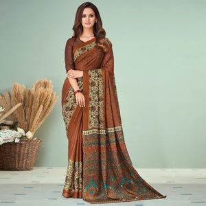 Brown Printed Raw Silk Saree - Peachmode