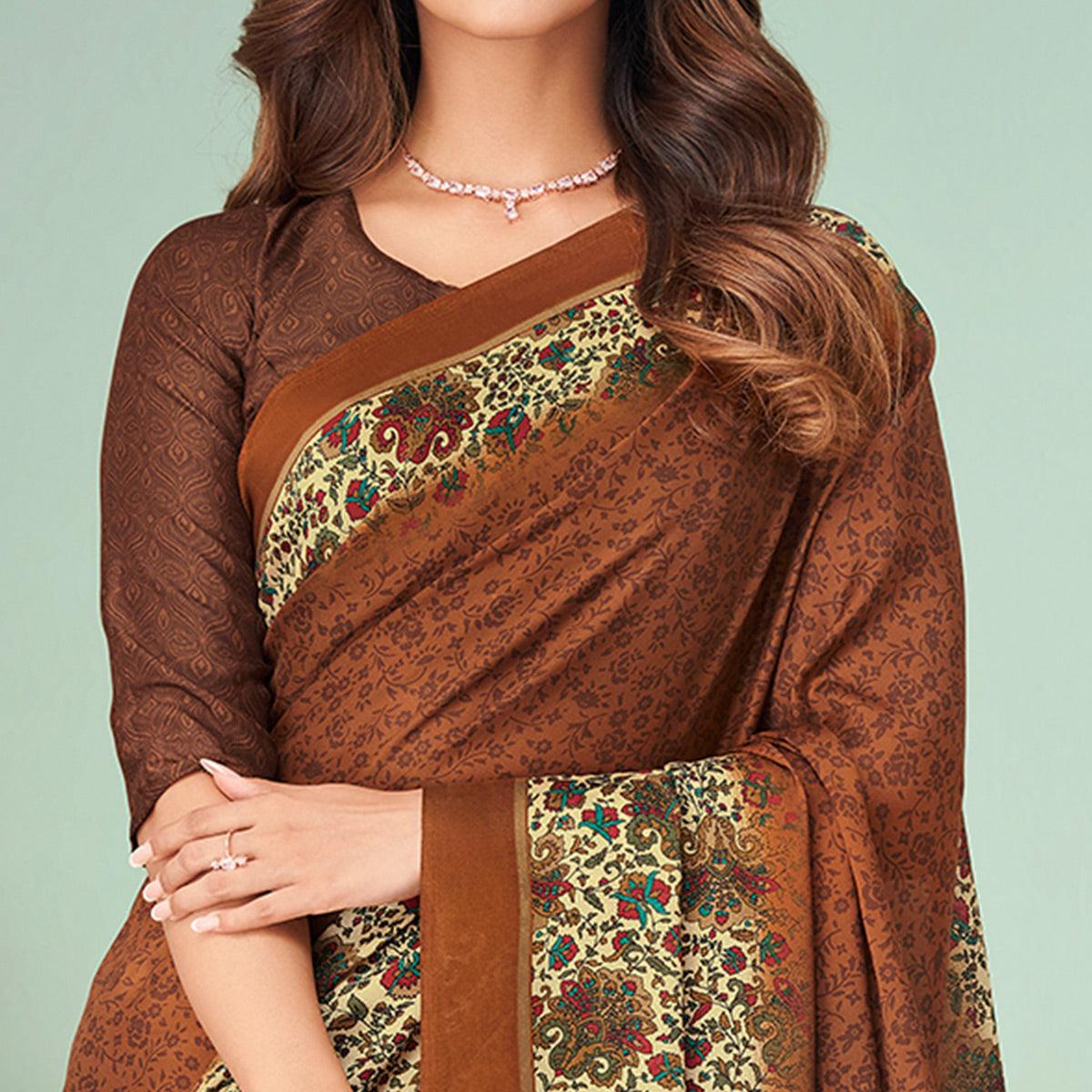 Brown Printed Raw Silk Saree - Peachmode