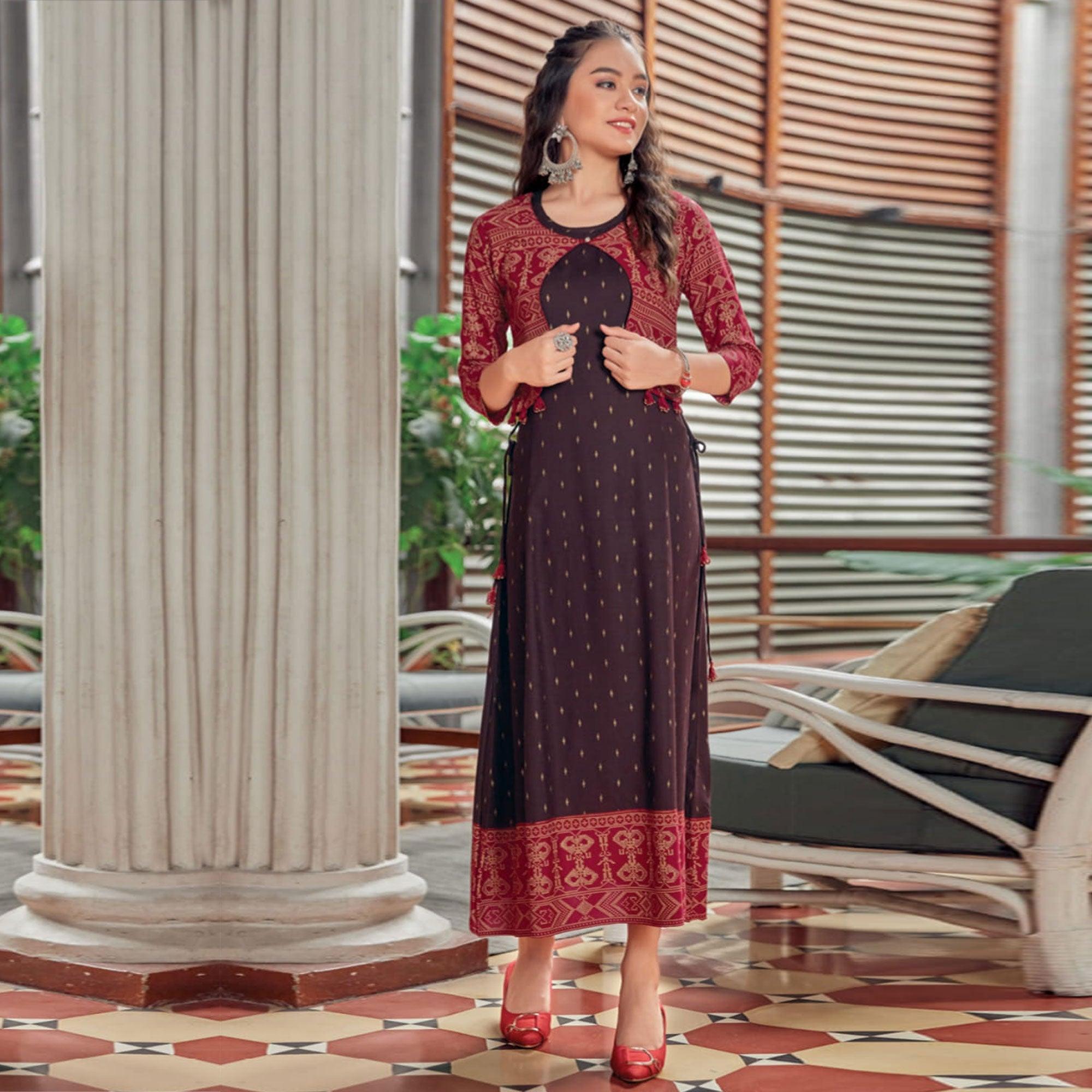 Brown Printed Rayon Anarkali Kurti - Peachmode