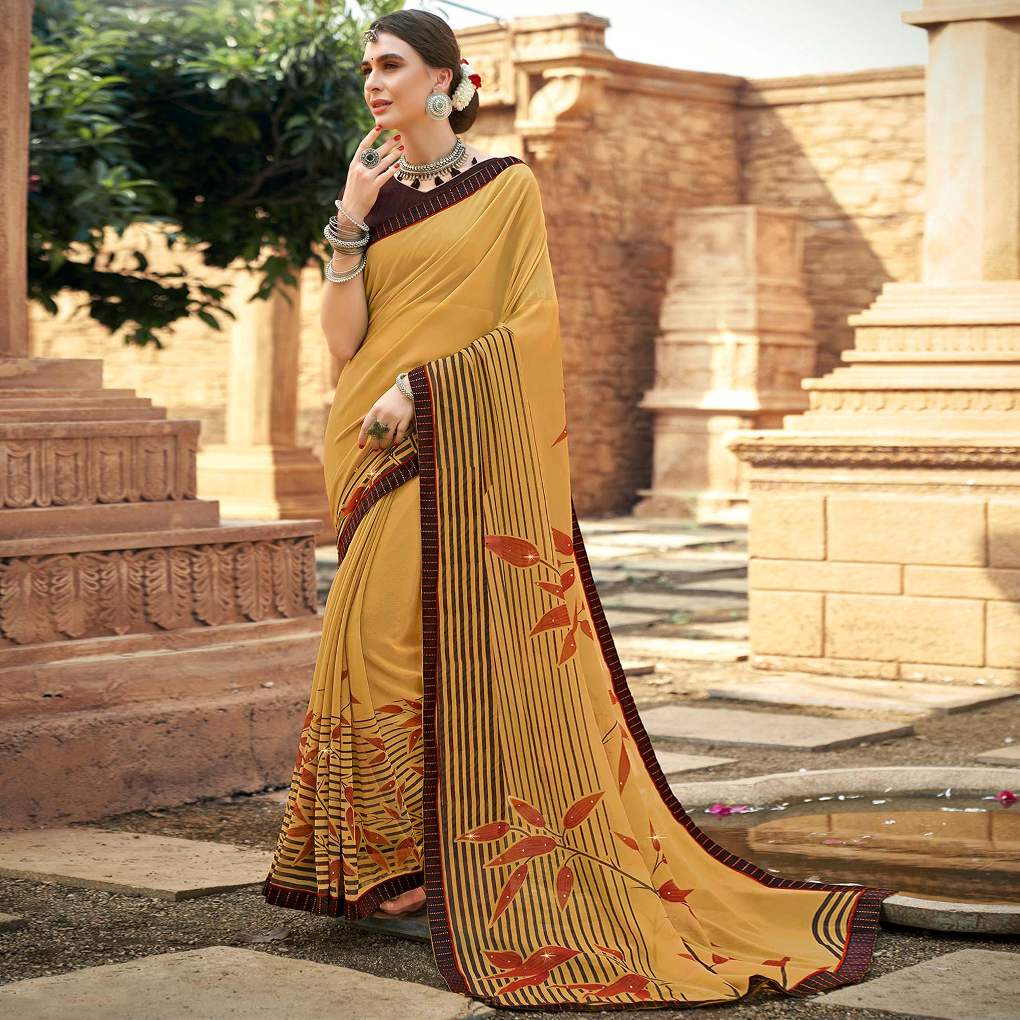 Brown Printed-Sequins Work Georgette Saree - Peachmode