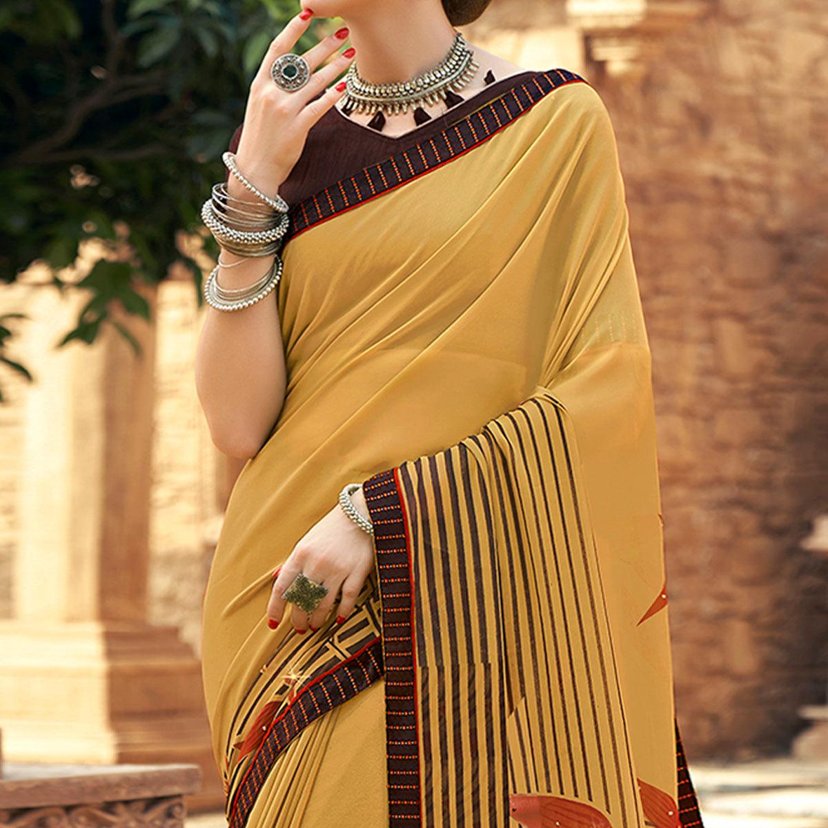 Brown Printed-Sequins Work Georgette Saree - Peachmode