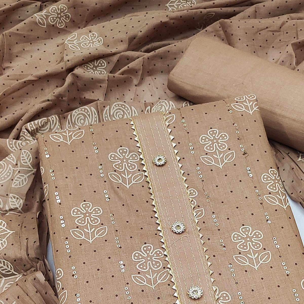 Brown Printed With Embellished Pure Cotton Dress Material - Peachmode