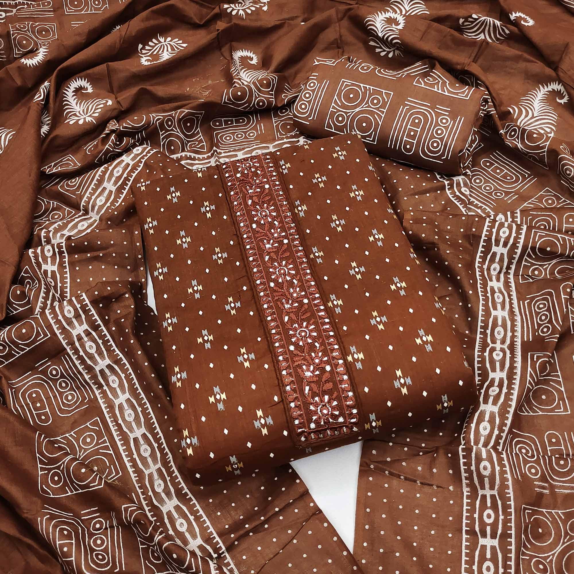 Brown Printed With Embroidered Cotton Blend Dress Material - Peachmode