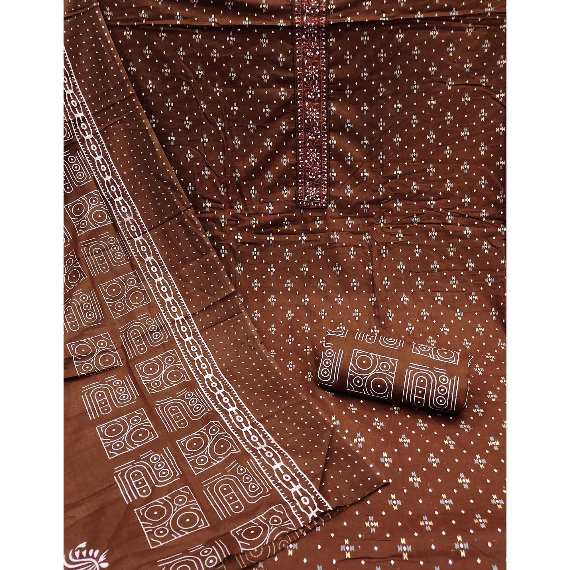 Brown Printed With Embroidered Cotton Blend Dress Material - Peachmode