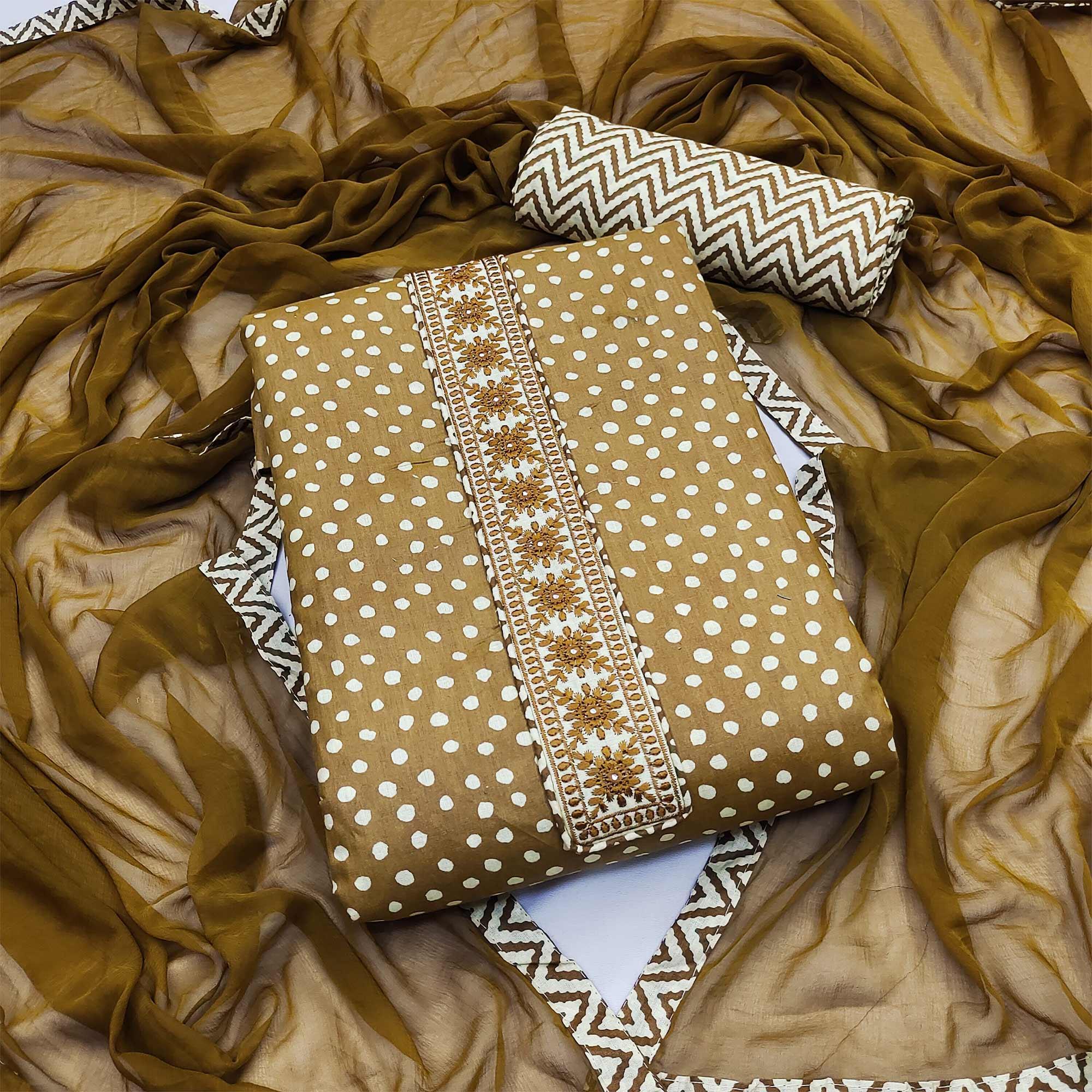 Brown Printed With Embroidered Poly Cotton Dress Material - Peachmode