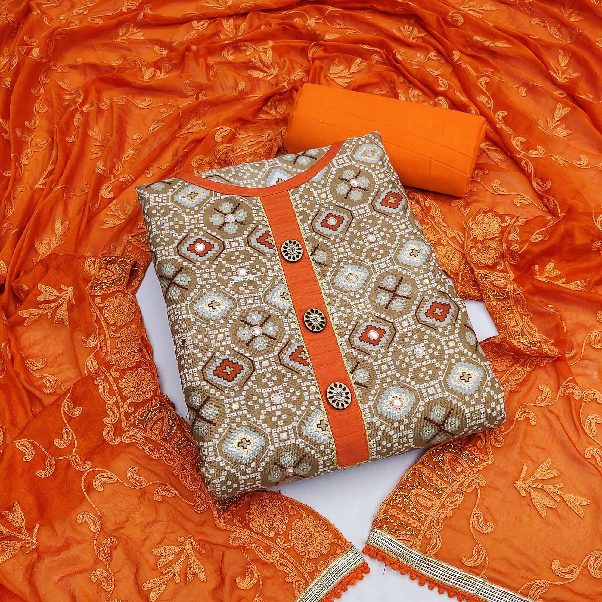 Brown Printed With Embroidered Poly Cotton Dress Material - Peachmode