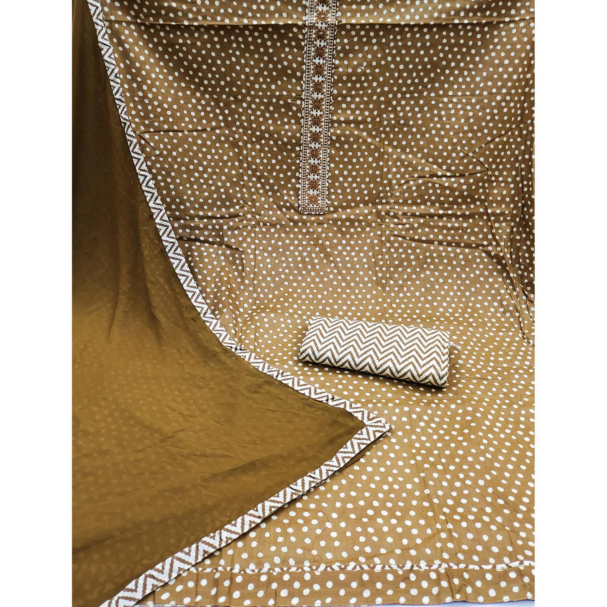 Brown Printed With Embroidered Poly Cotton Dress Material - Peachmode