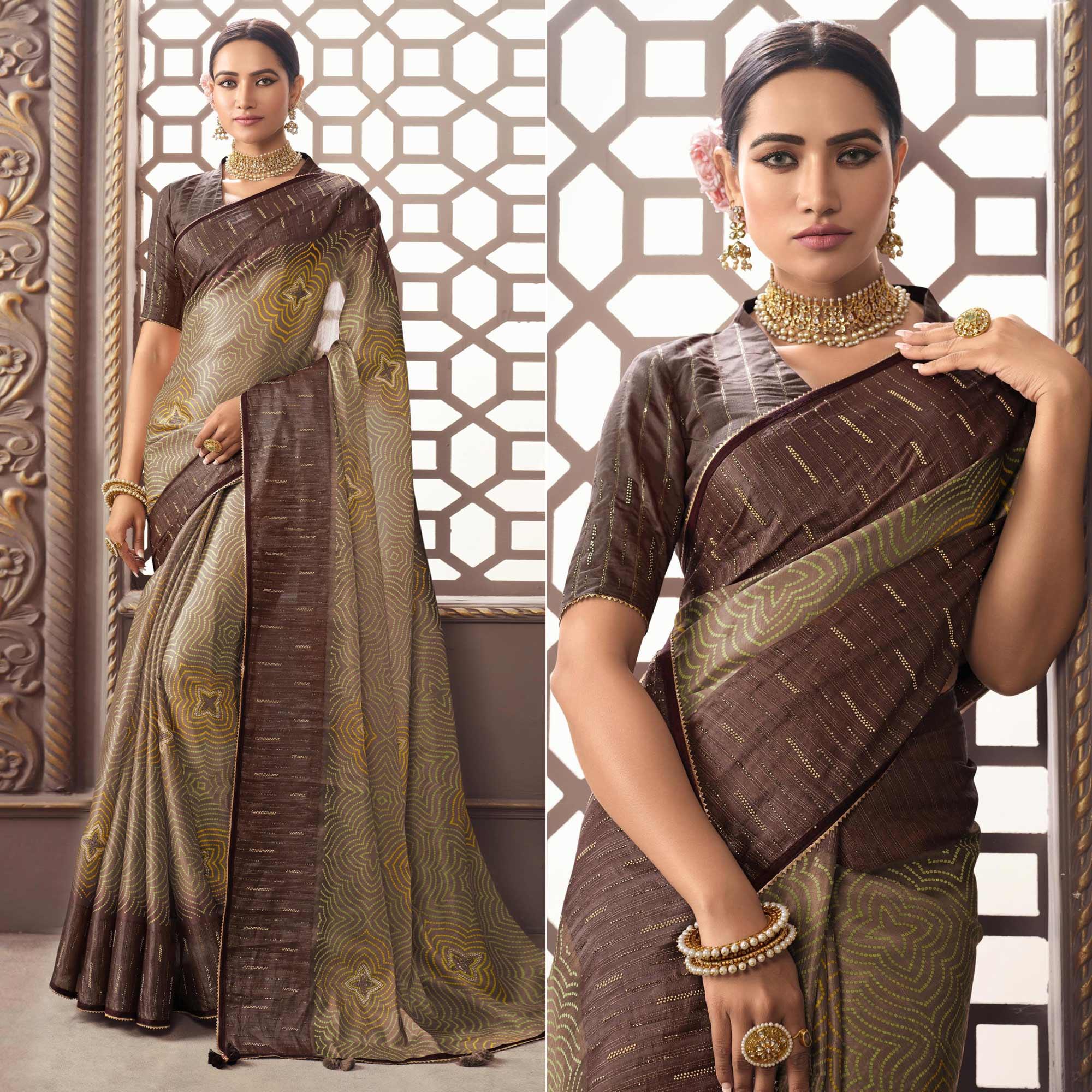 Brown Printed With Sequence Work Organza Saree - Peachmode