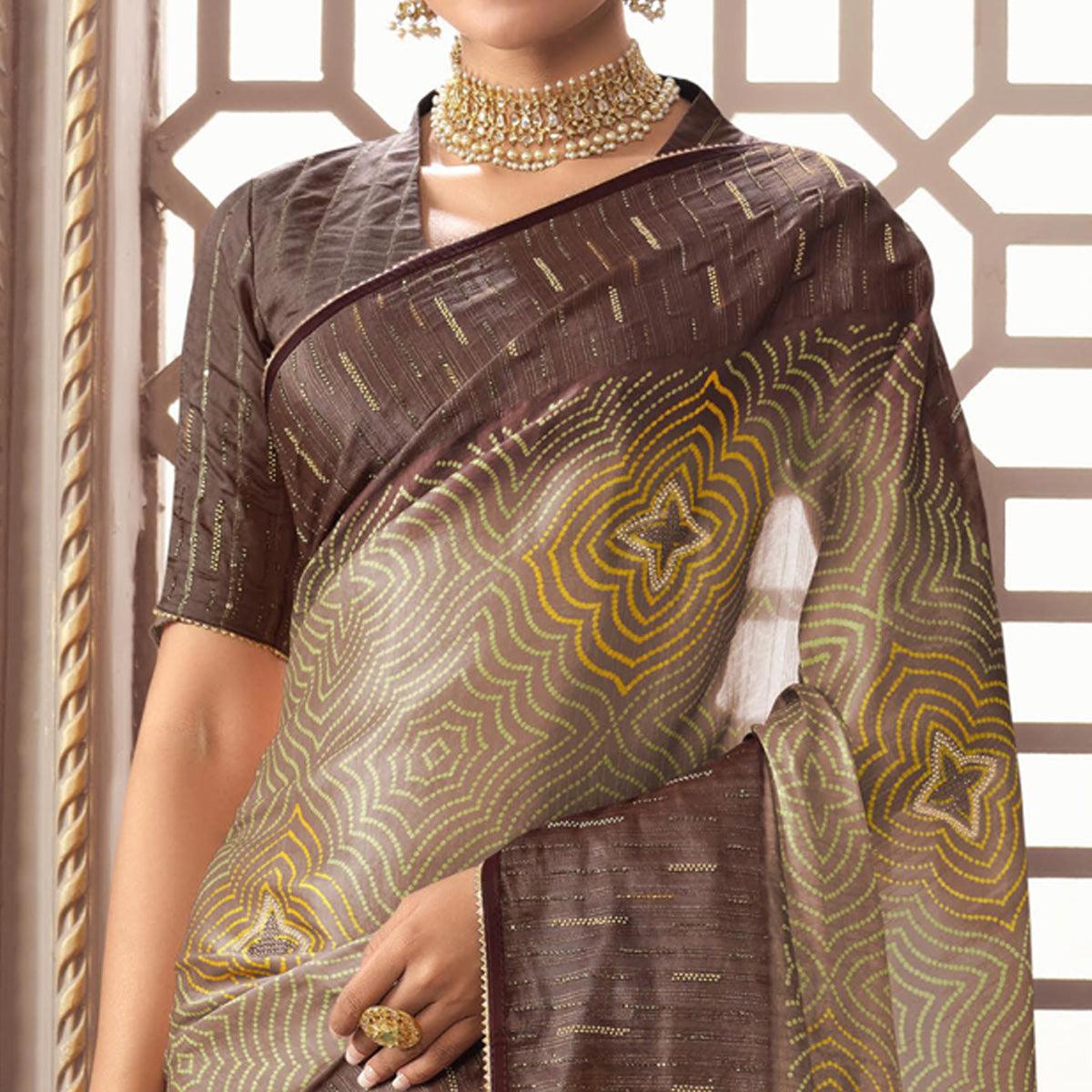 Brown Printed With Sequence Work Organza Saree - Peachmode