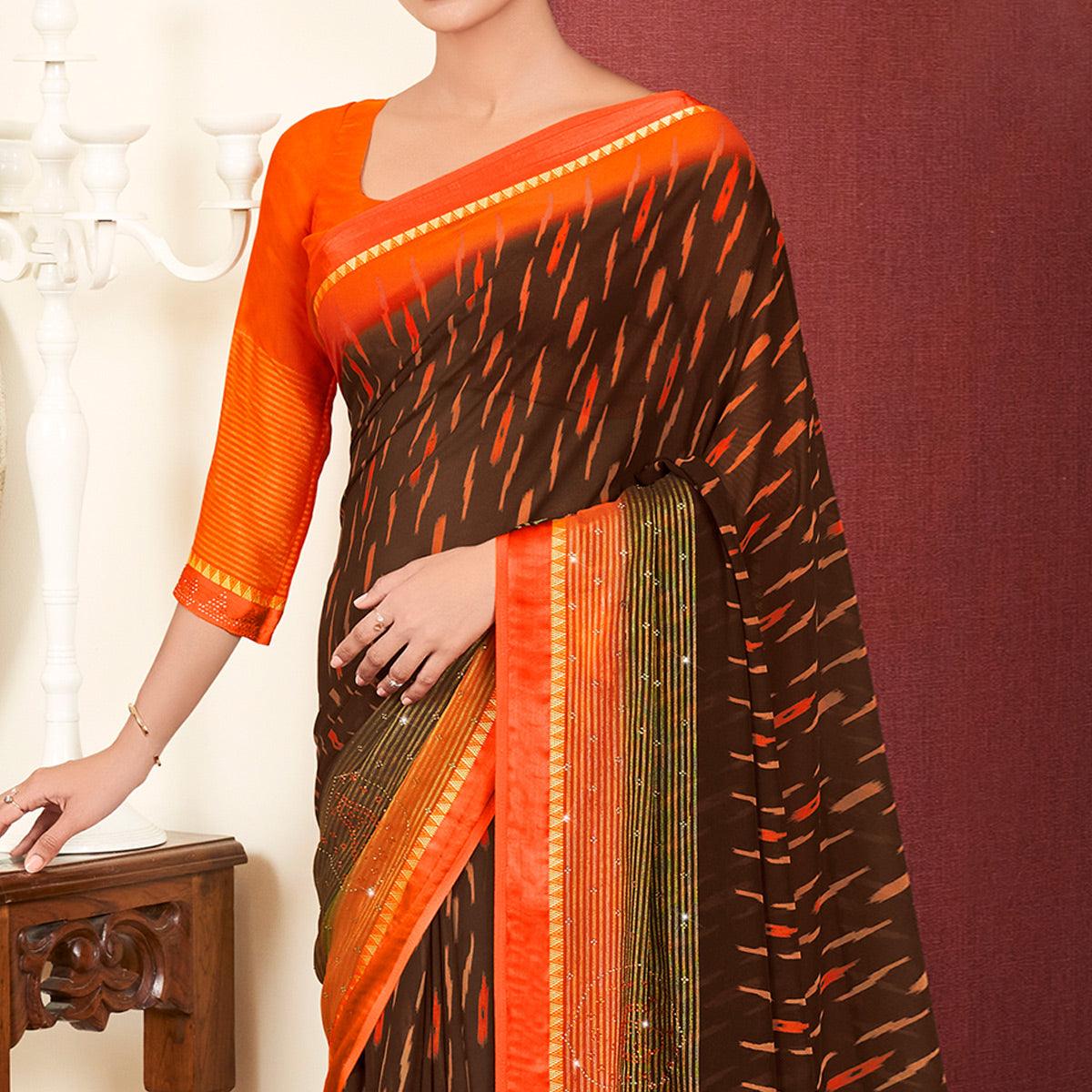 Brown Printed With Swarovski Work Georgette Saree - Peachmode