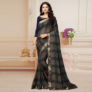 Brown Printed With Woven Border Georgette Saree - Peachmode