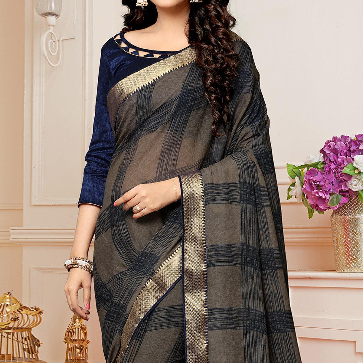 Brown Printed With Woven Border Georgette Saree - Peachmode