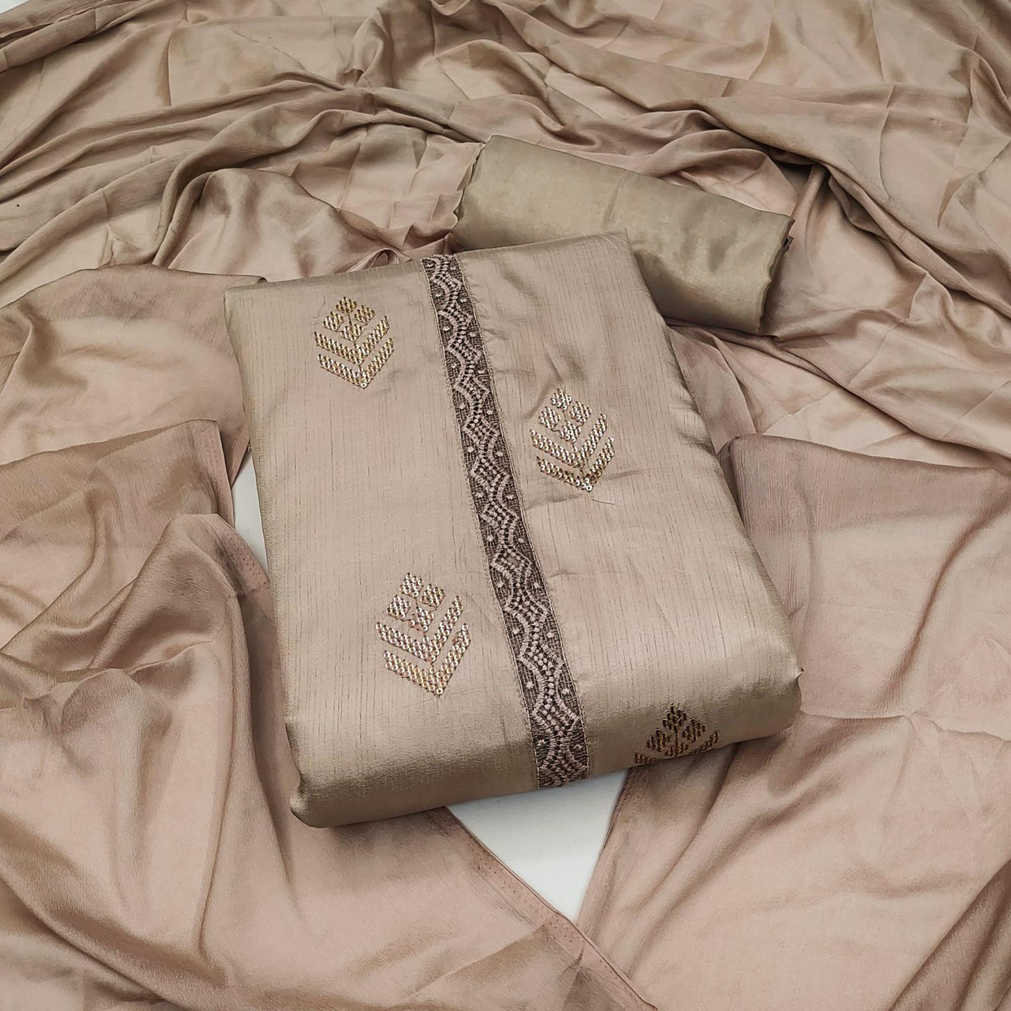 Brown Sequence Embroidered Art Silk Dress Material - Peachmode