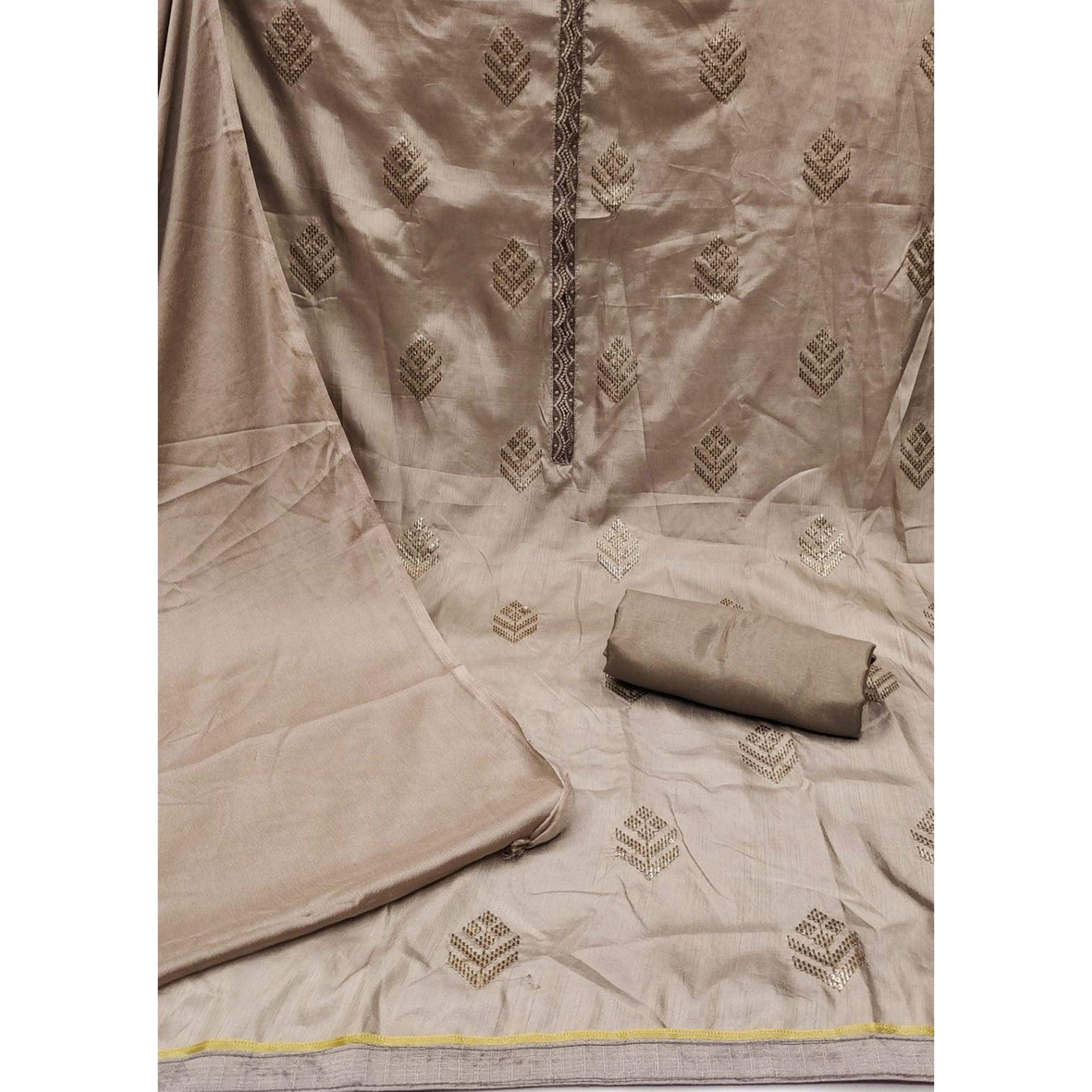 Brown Sequence Embroidered Art Silk Dress Material - Peachmode