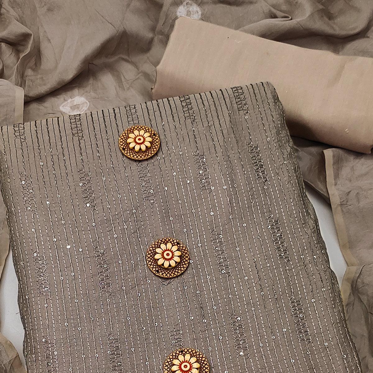 Brown Sequence Embroidered Chanderi Dress Material - Peachmode