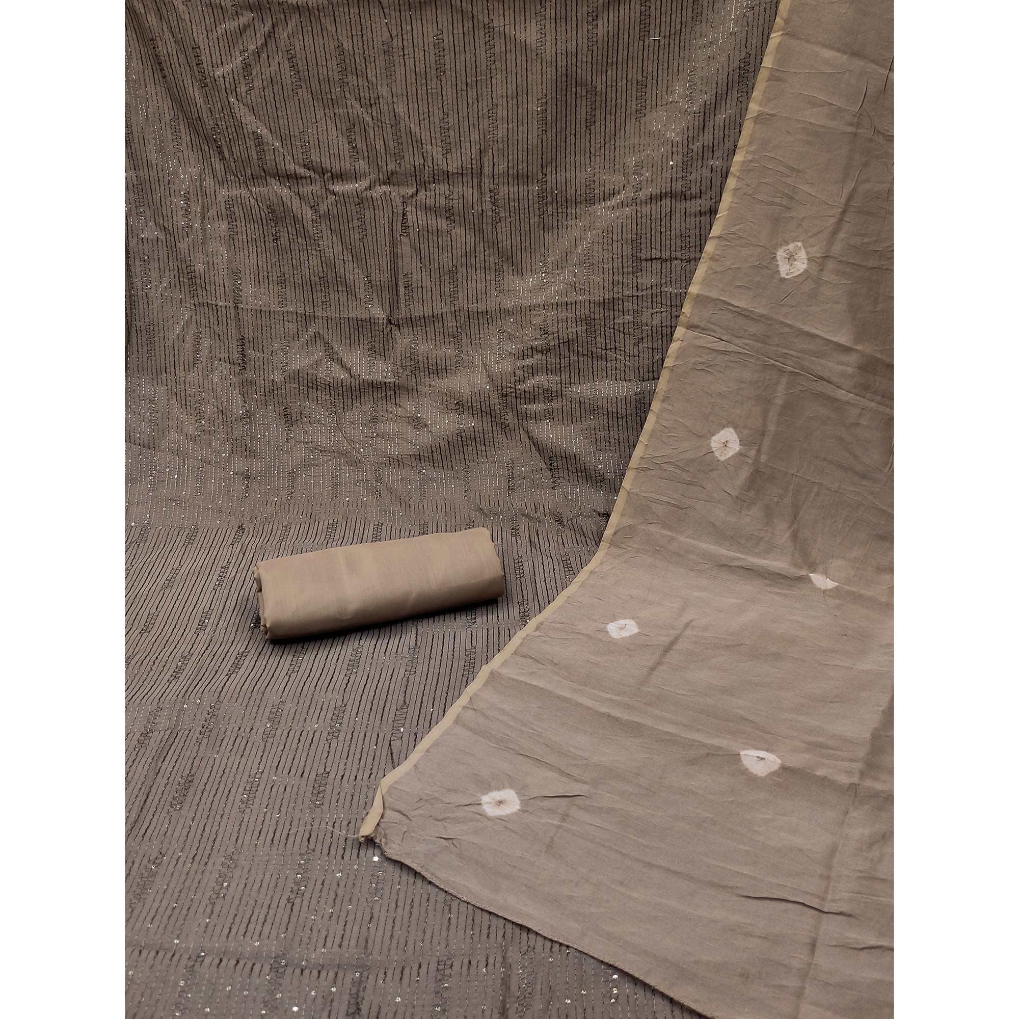 Brown Sequence Embroidered Chanderi Dress Material - Peachmode