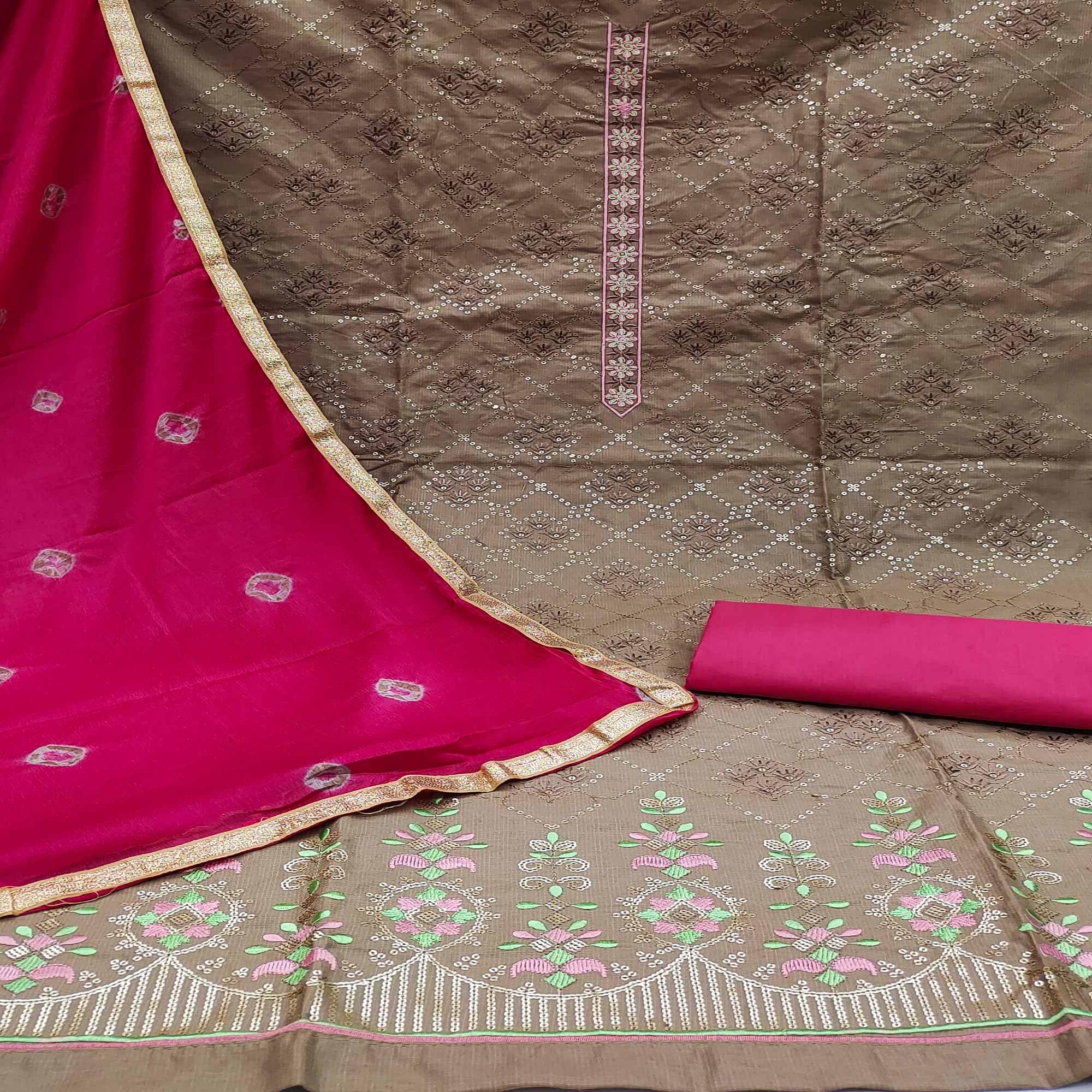 Brown Sequence Embroidered Cotton Dress Material - Peachmode