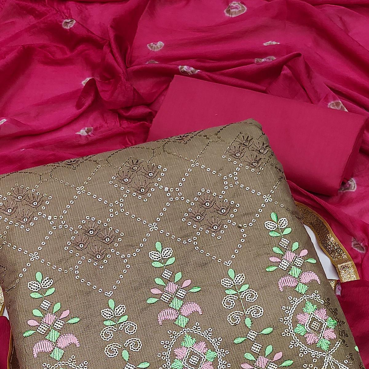 Brown Sequence Embroidered Cotton Dress Material - Peachmode