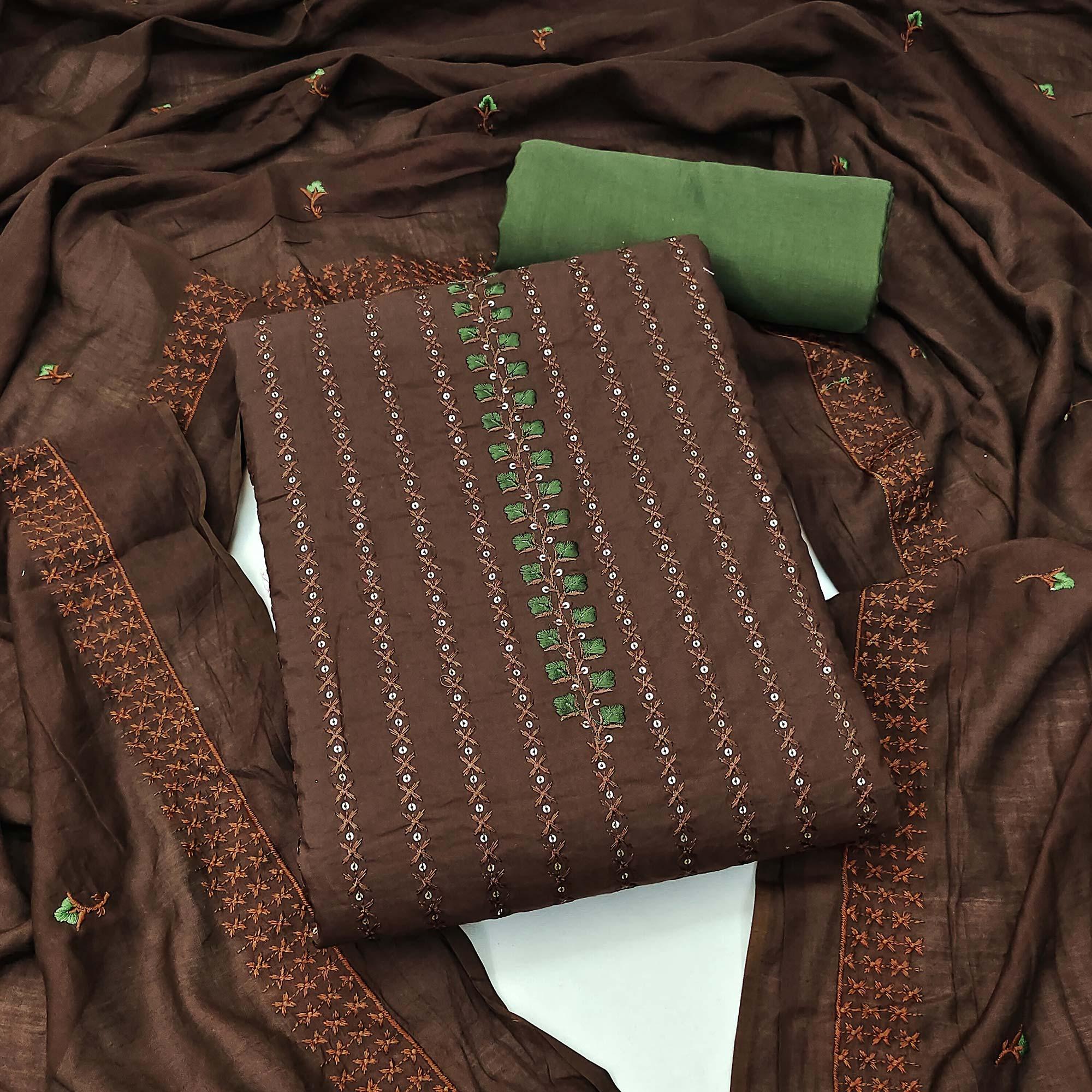 Brown Sequence Embroidered Cotton Silk Dress Material - Peachmode