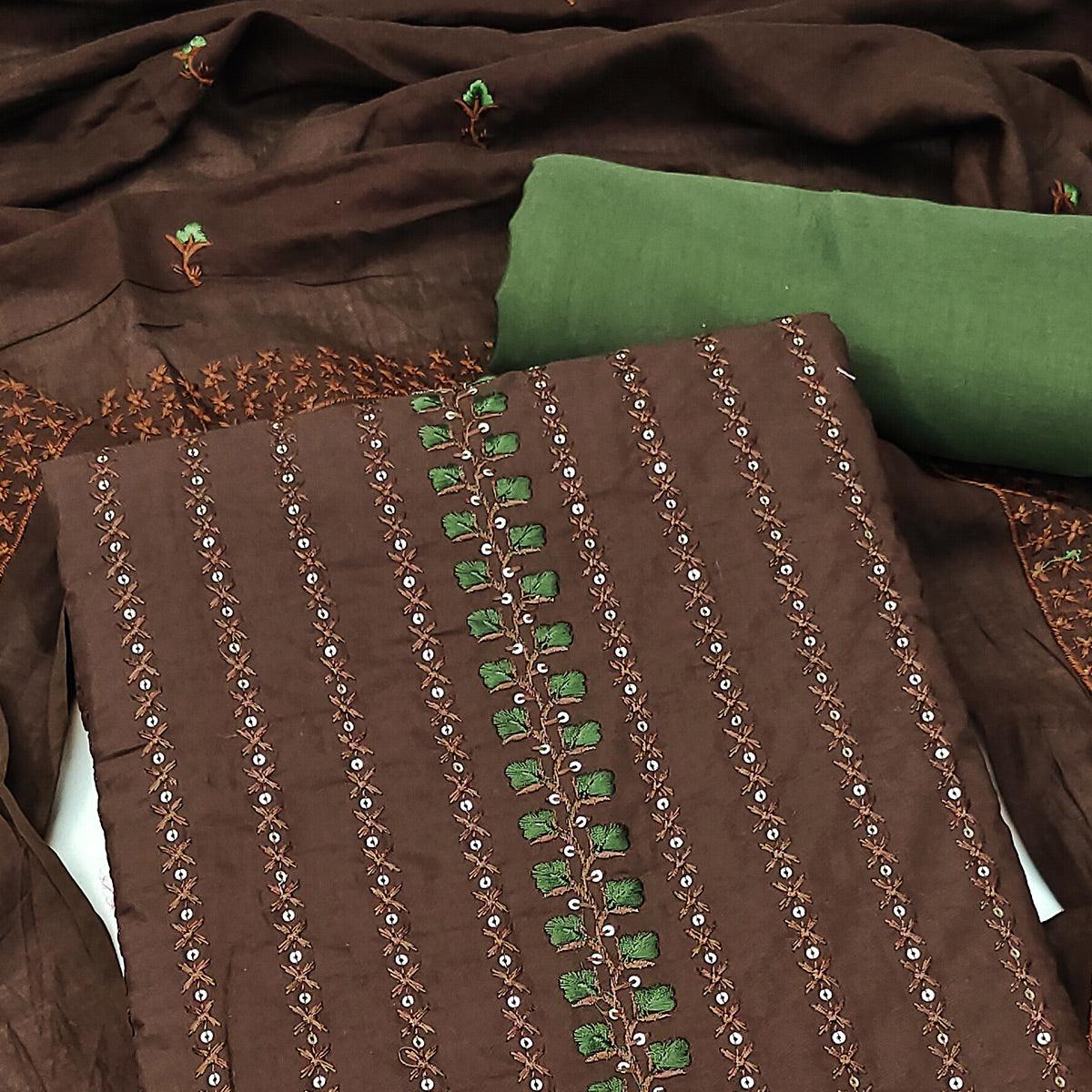 Brown Sequence Embroidered Cotton Silk Dress Material - Peachmode