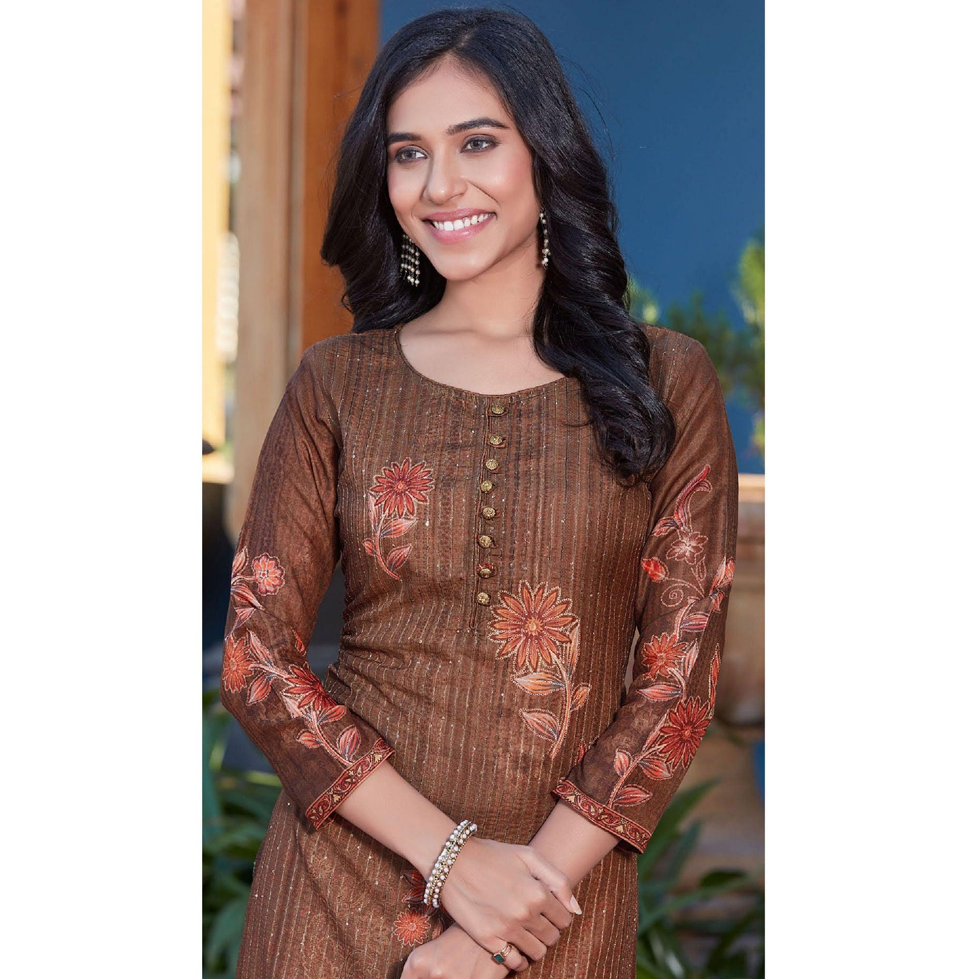 Brown Sequence Embroidered Cotton Silk Kurti - Peachmode
