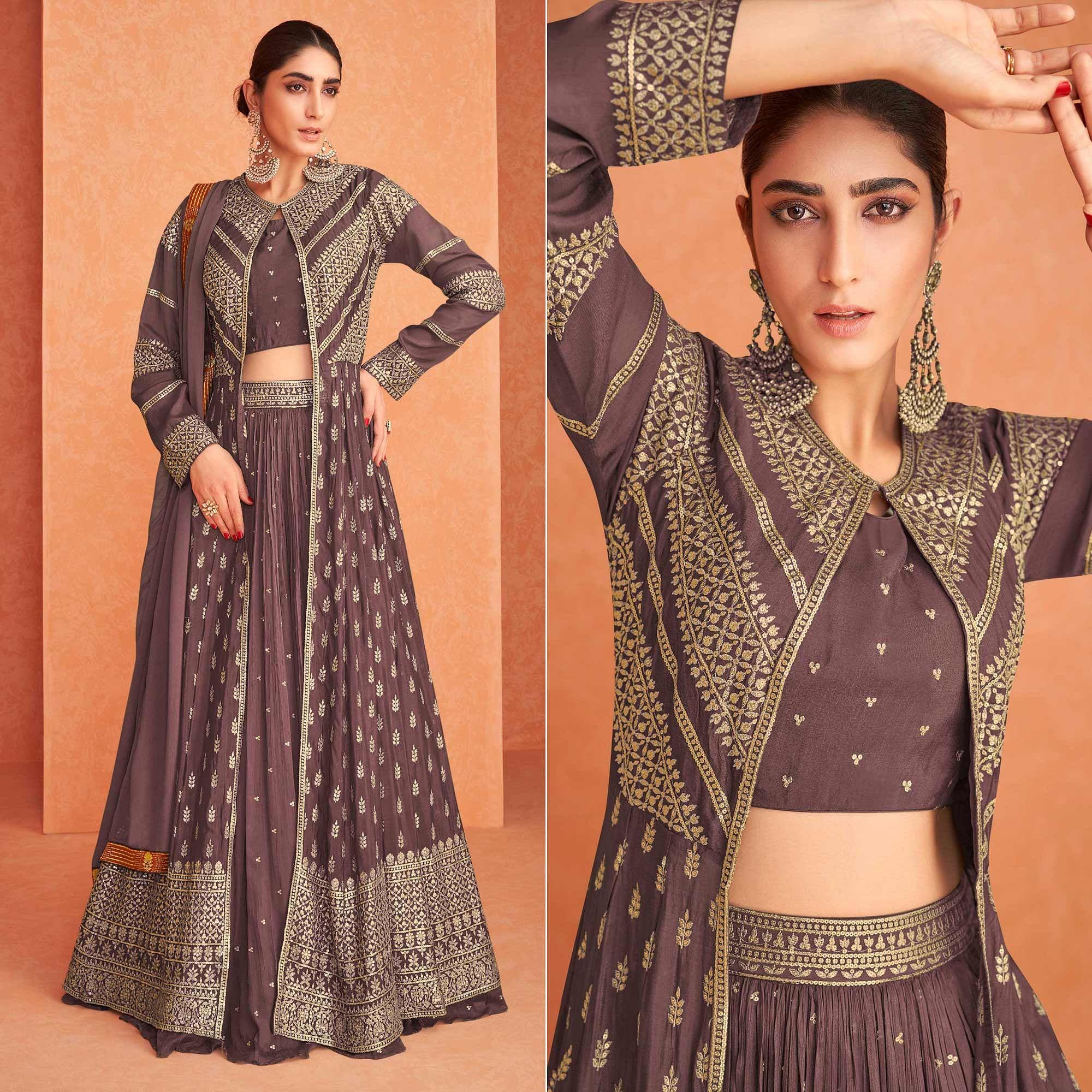 Brown Sequence Embroidered Georgette Lehenga Choli With Jacket - Peachmode