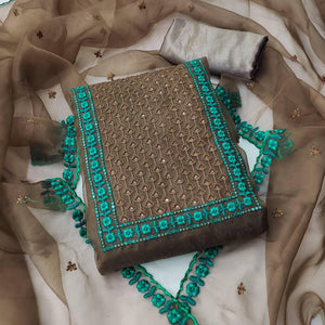 Brown Sequence Embroidered Organza Dress Material - Peachmode