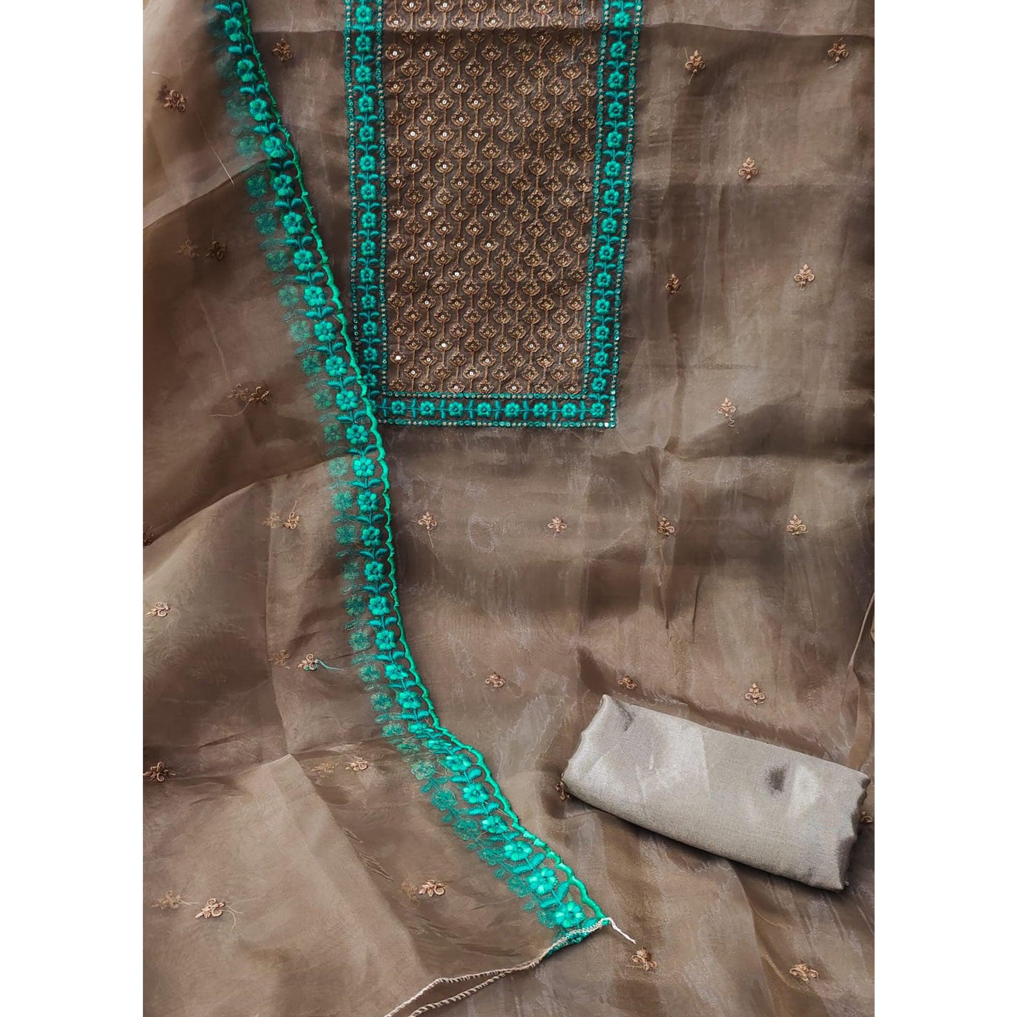 Brown Sequence Embroidered Organza Dress Material - Peachmode